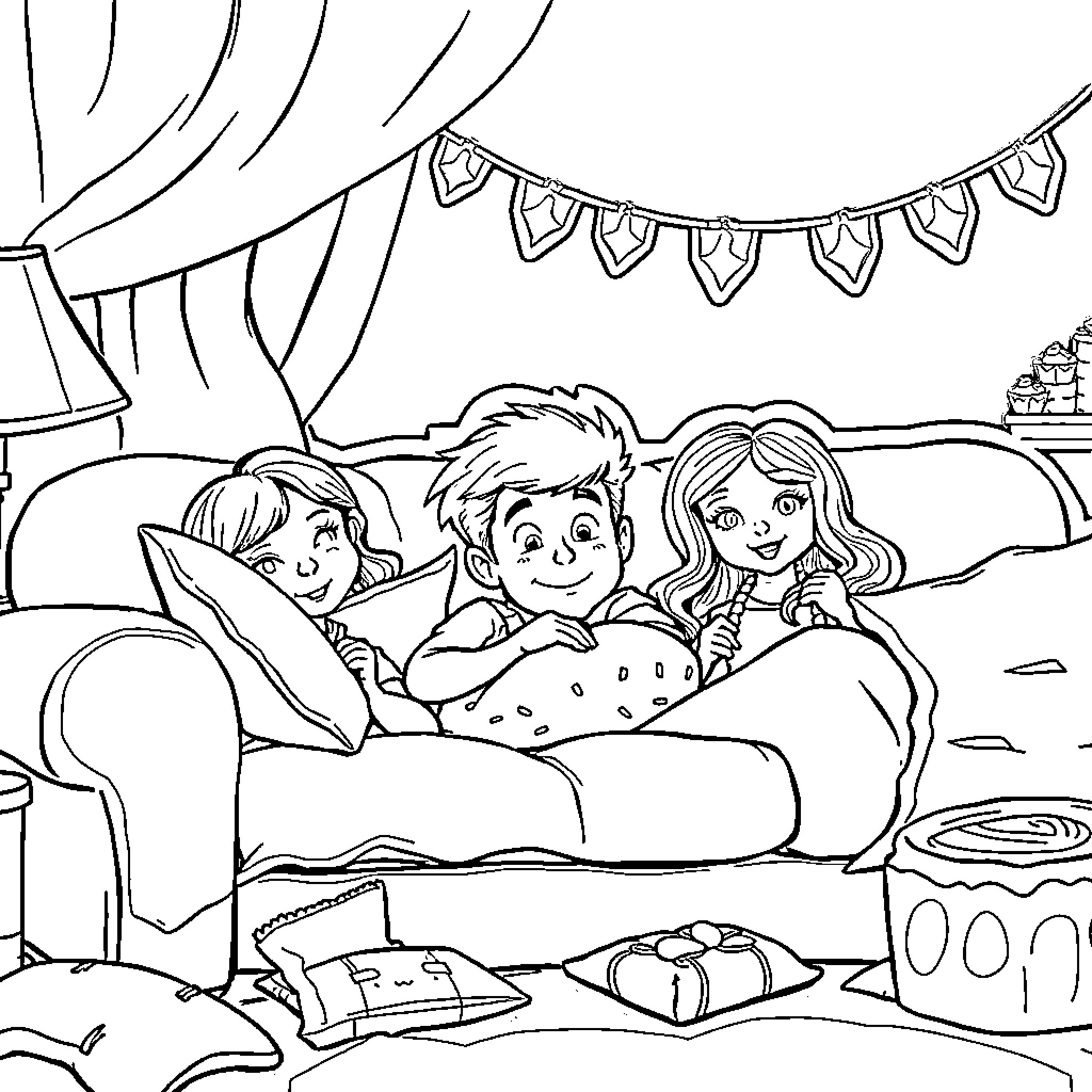 Prince and friends cuddled up for a cozy movie night Coloring Page (free black-and-white line drawing printable PDF for all, from beginners to advanced learners, including children, teens, adults, and seniors)