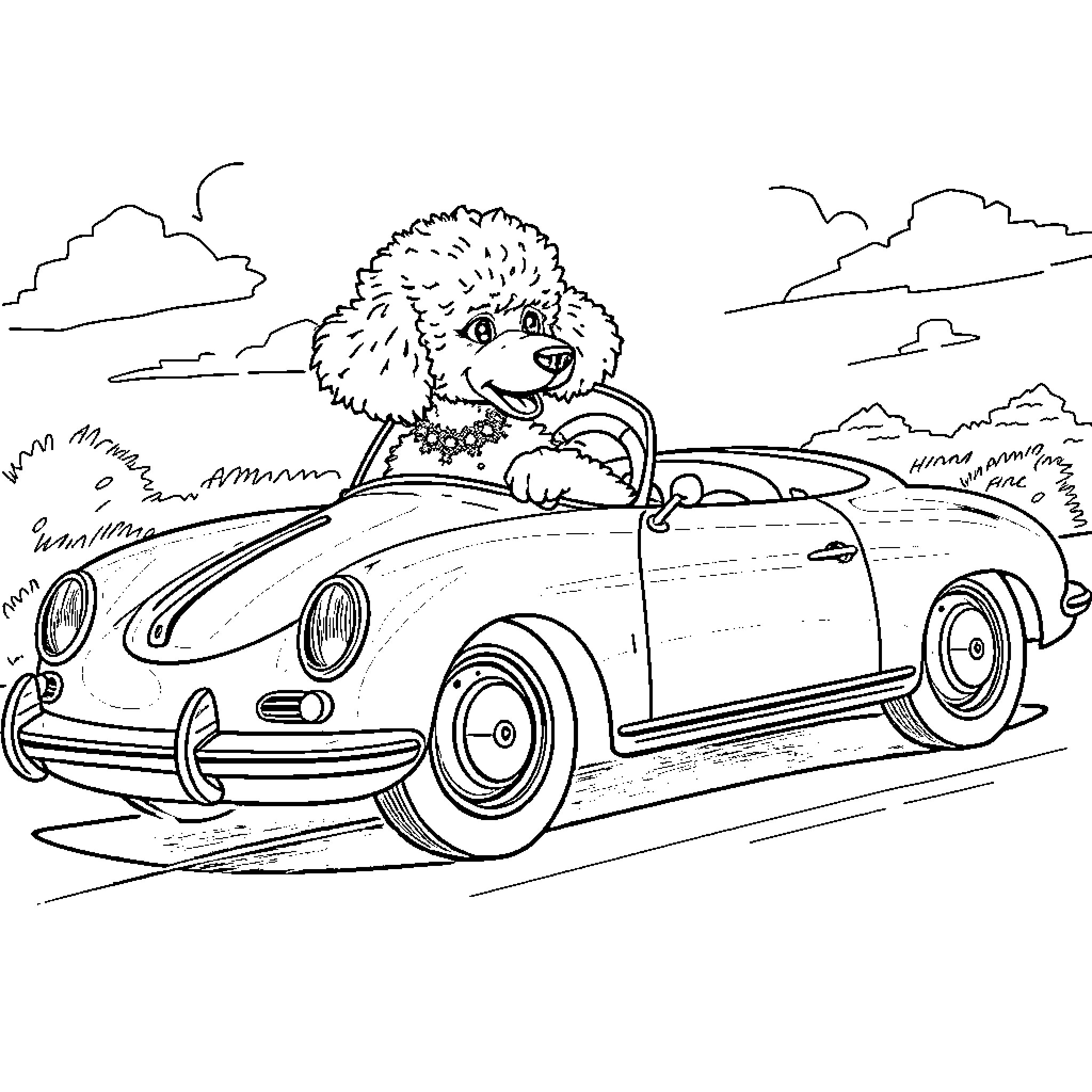 Poodle enjoying a scenic drive in a classic car Coloring Page (free black-and-white line drawing printable PDF for all, from beginners to advanced learners, including children, teens, adults, and seniors)