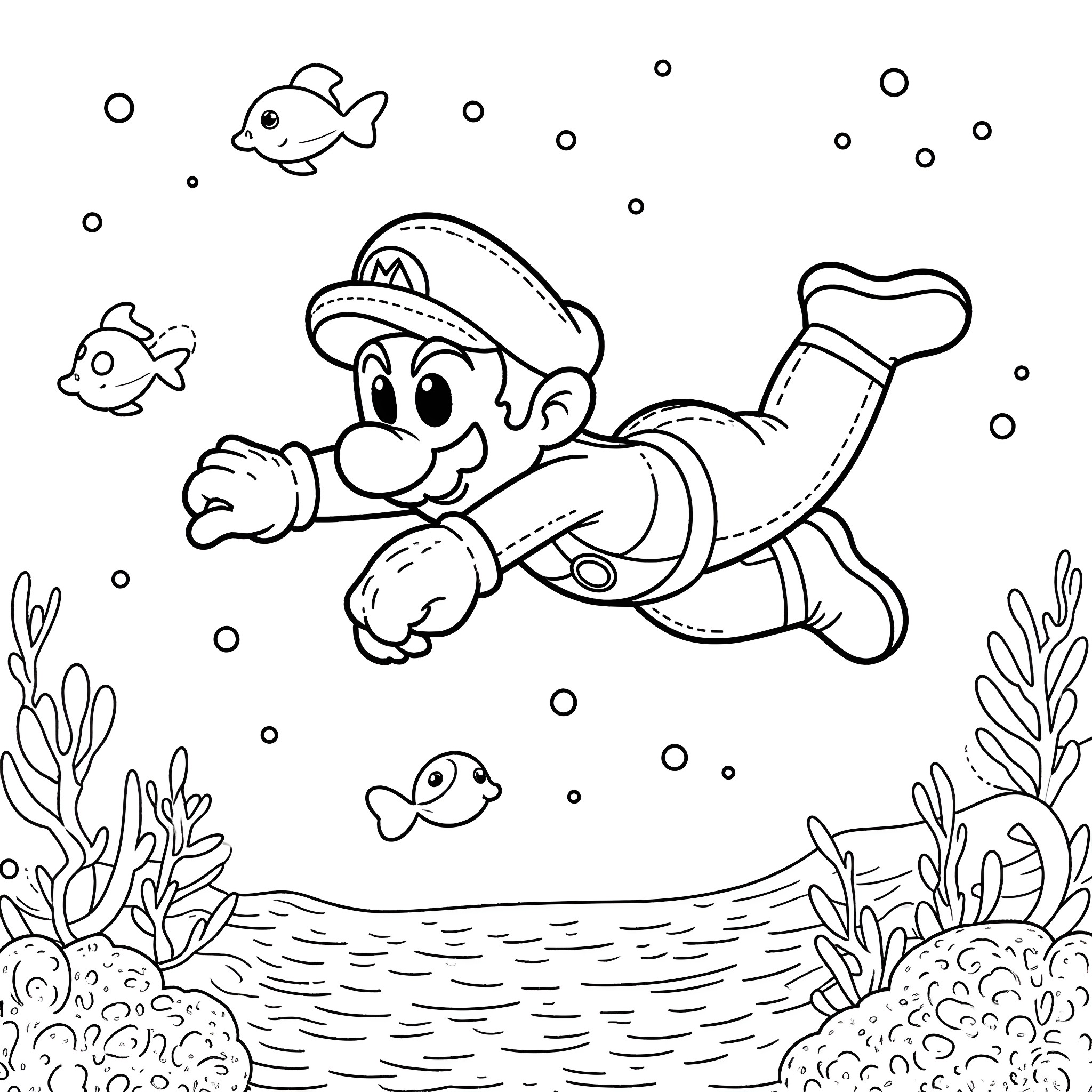 Mario swimming underwater with sea creatures Coloring Page (free black-and-white line drawing printable PDF for all, from beginners to advanced learners, including children, teens, adults, and seniors)