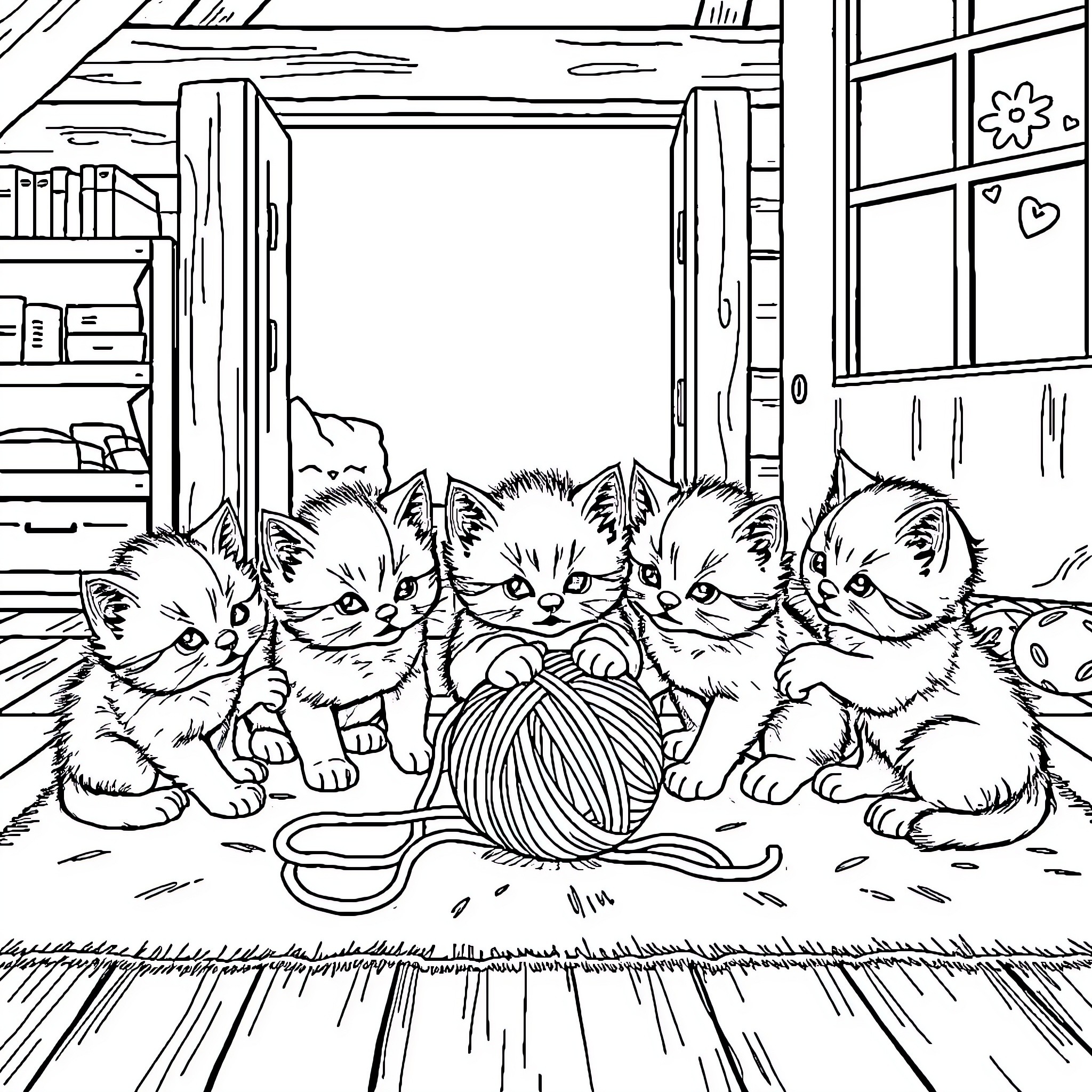 Kittens playing with yarn in cozy room Coloring Page (free black-and-white line drawing printable PDF for all, from beginners to advanced learners, including children, teens, adults, and seniors)