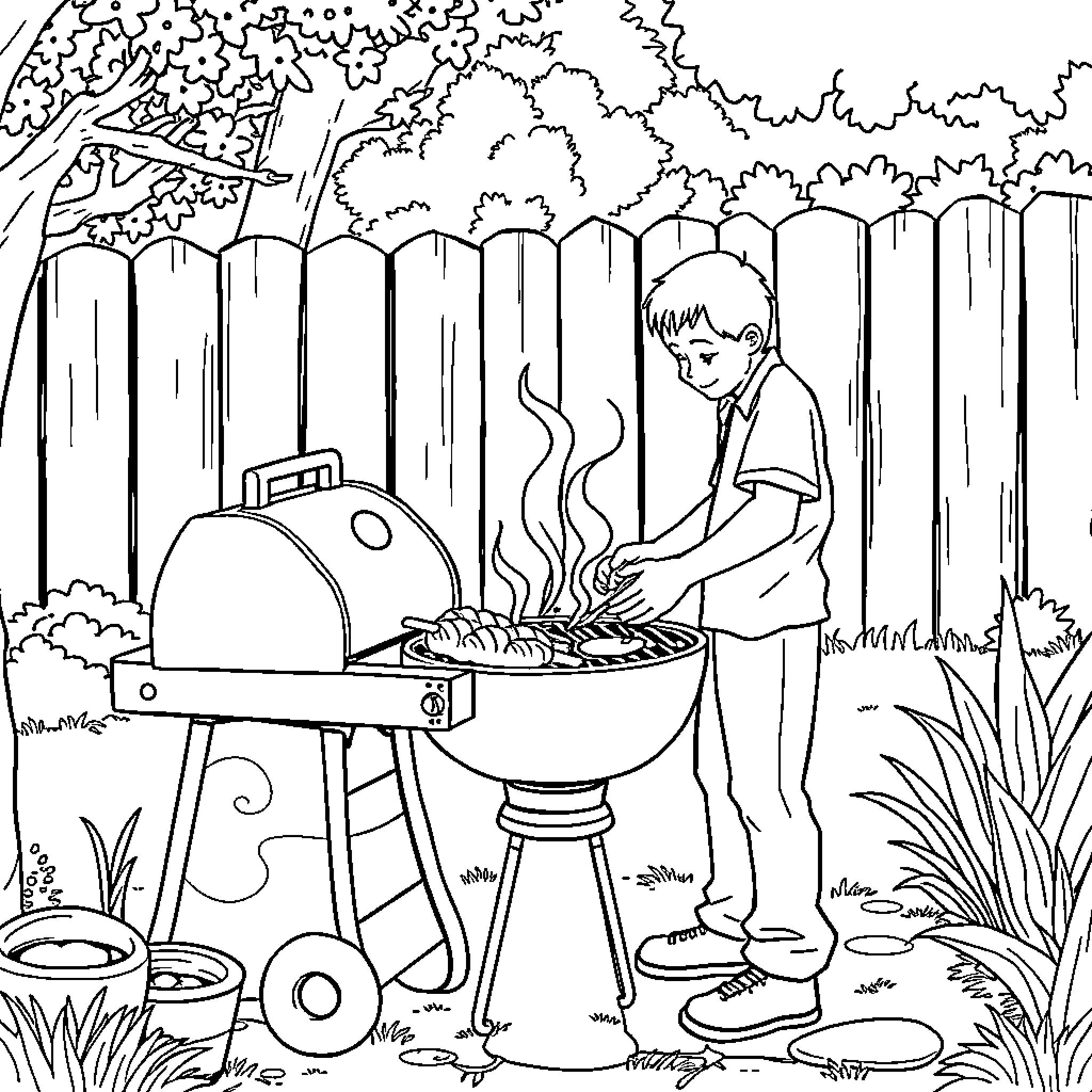 Tanjiro grilling food outdoors in the garden Coloring Page (free black-and-white line drawing printable PDF for all, from beginners to advanced learners, including children, teens, adults, and seniors)