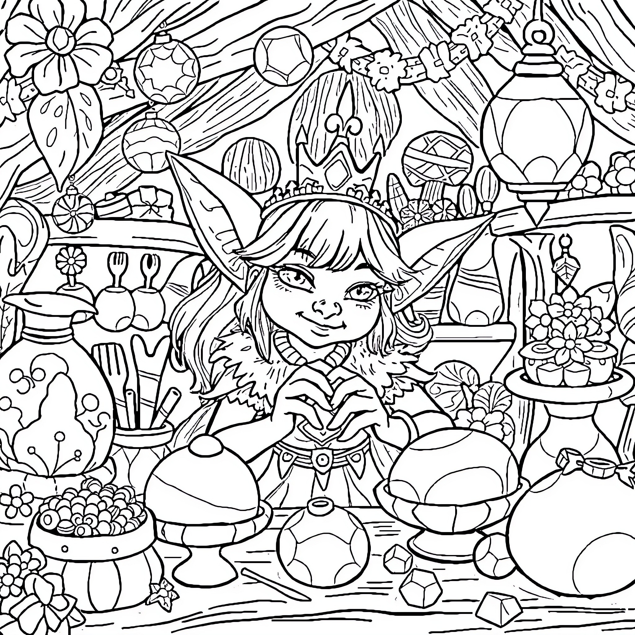 Goblin Exploring a Whimsical Fantasy World Coloring Page (free black-and-white line drawing printable PDF for all, from beginners to advanced learners, including children, teens, adults, and seniors)