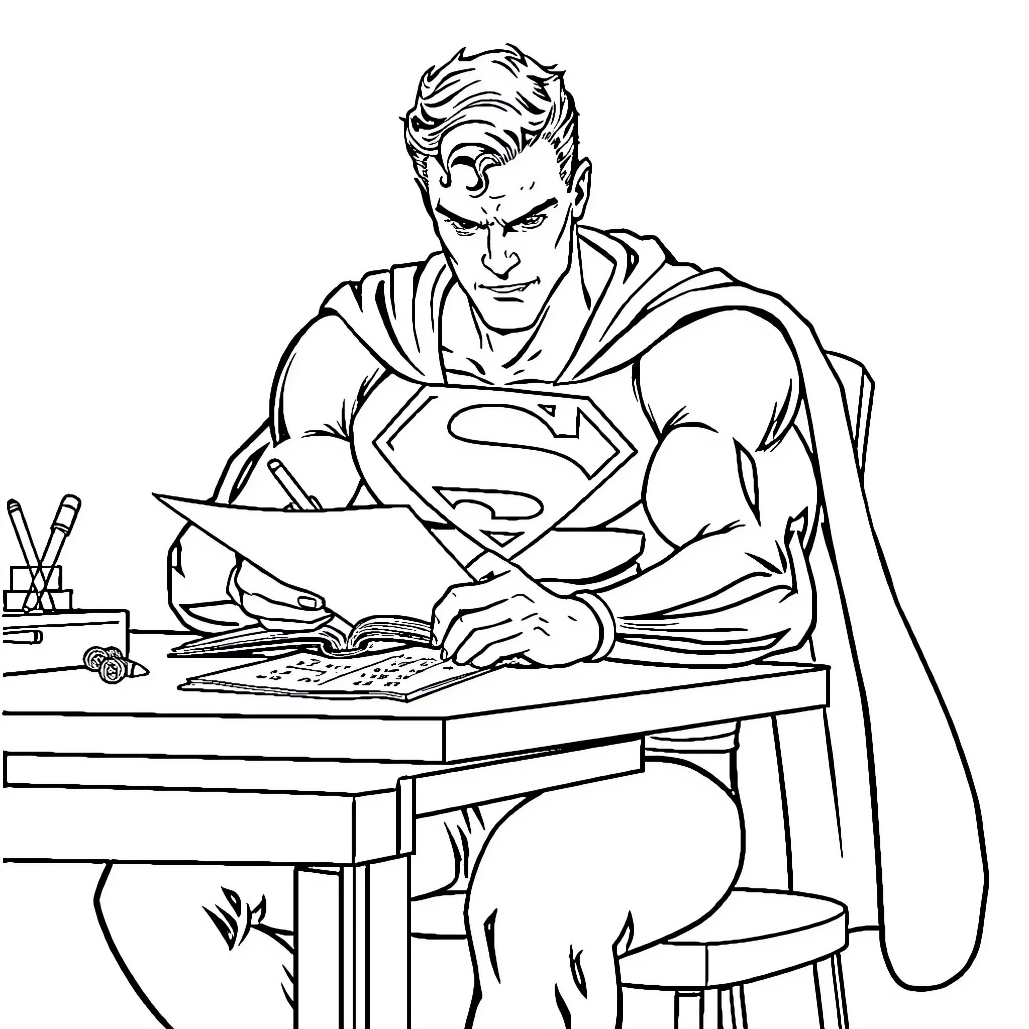 Superman hard at work on important documents Coloring Page (free black-and-white line drawing printable PDF for all, from beginners to advanced learners, including children, teens, adults, and seniors)