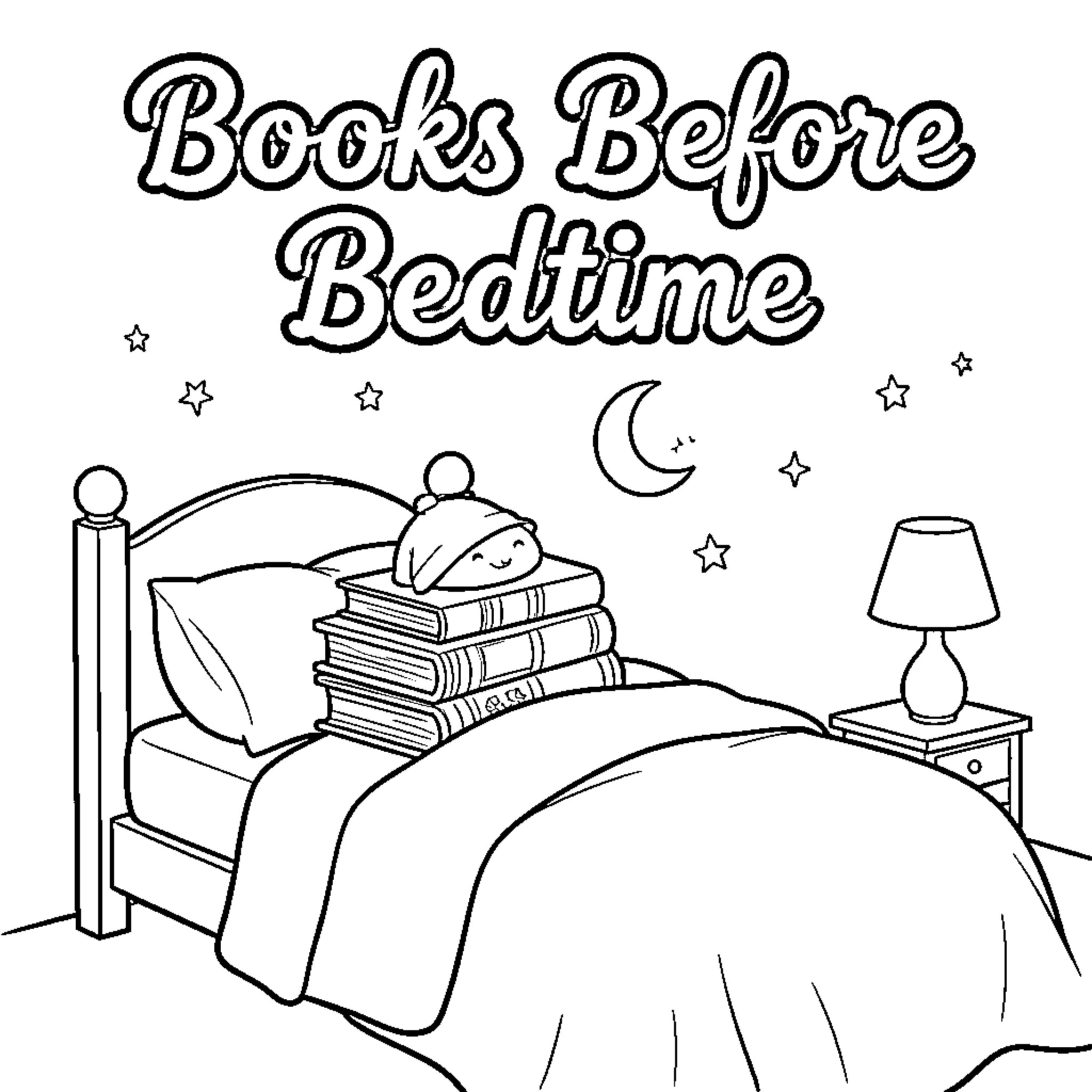 Book Lovers Prepare for Bedtime Coloring Page (free black-and-white line drawing printable PDF for all, from beginners to advanced learners, including children, teens, adults, and seniors)