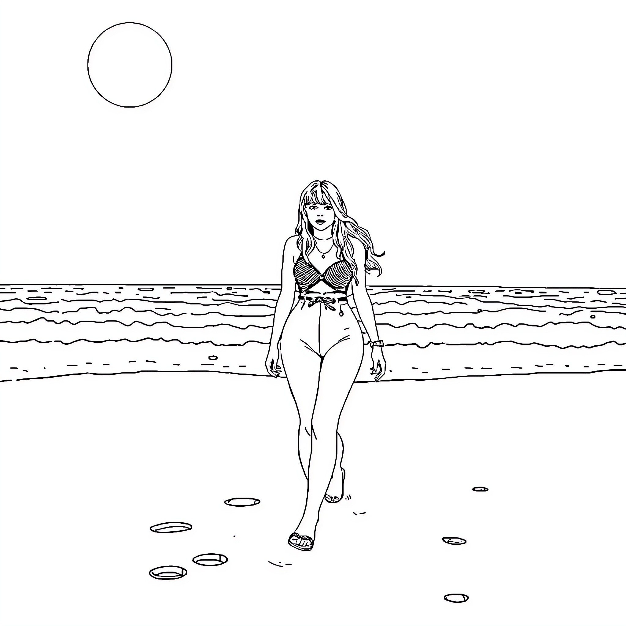 Billie Eilish walks along the beachfront Coloring Page (free black-and-white line drawing printable PDF for all, from beginners to advanced learners, including children, teens, adults, and seniors)