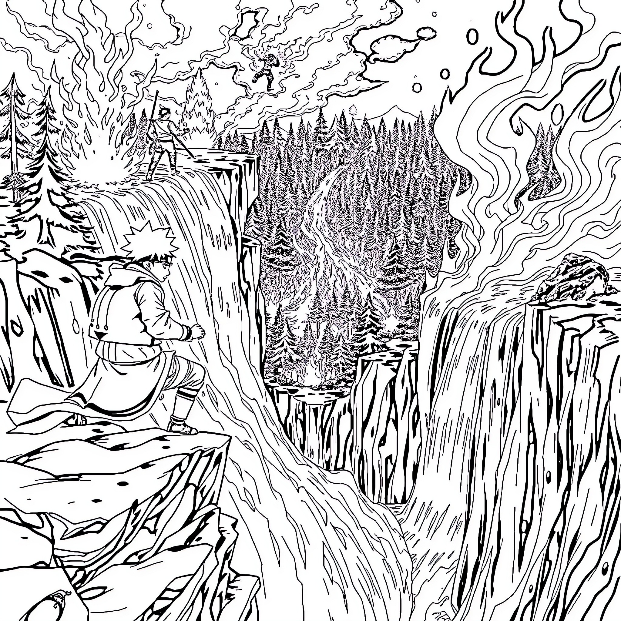 Naruto in a Mystical Forest Landscape Coloring Page (free black-and-white line drawing printable PDF for all, from beginners to advanced learners, including children, teens, adults, and seniors)