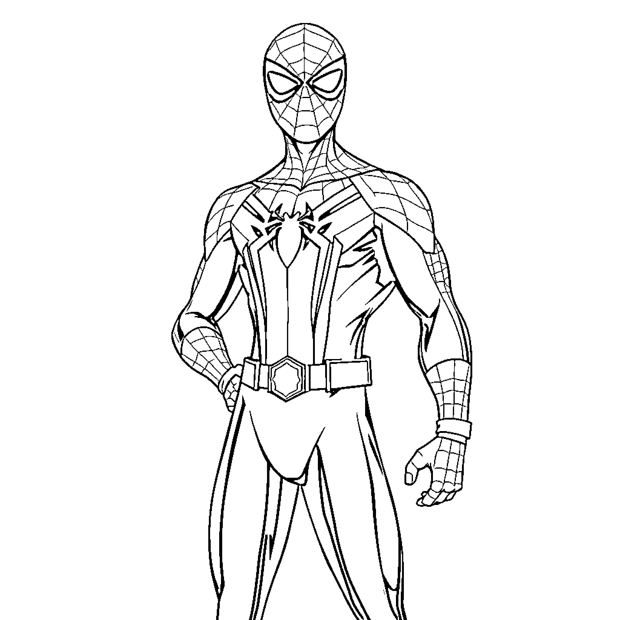 Spiderman in heroic pose with web-like costume Coloring Page (free black-and-white line drawing printable PDF for all, from beginners to advanced learners, including children, teens, adults, and seniors)
