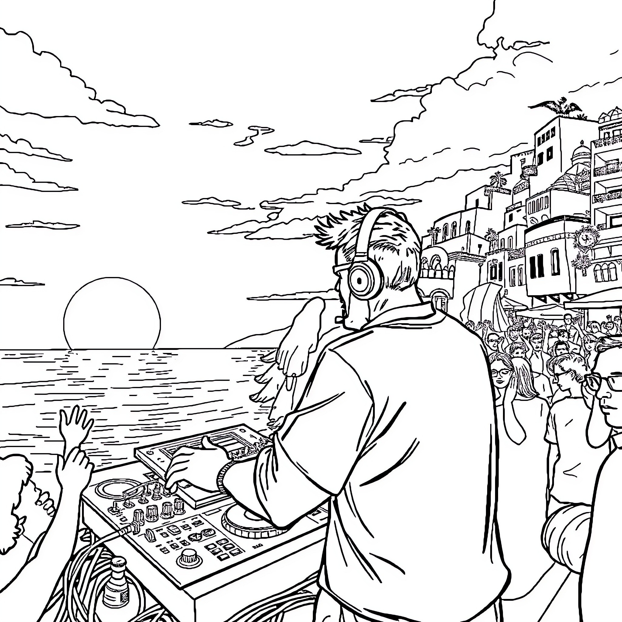 DJ spinning records in a lively coastal town Coloring Page (free black-and-white line drawing printable PDF for all, from beginners to advanced learners, including children, teens, adults, and seniors)