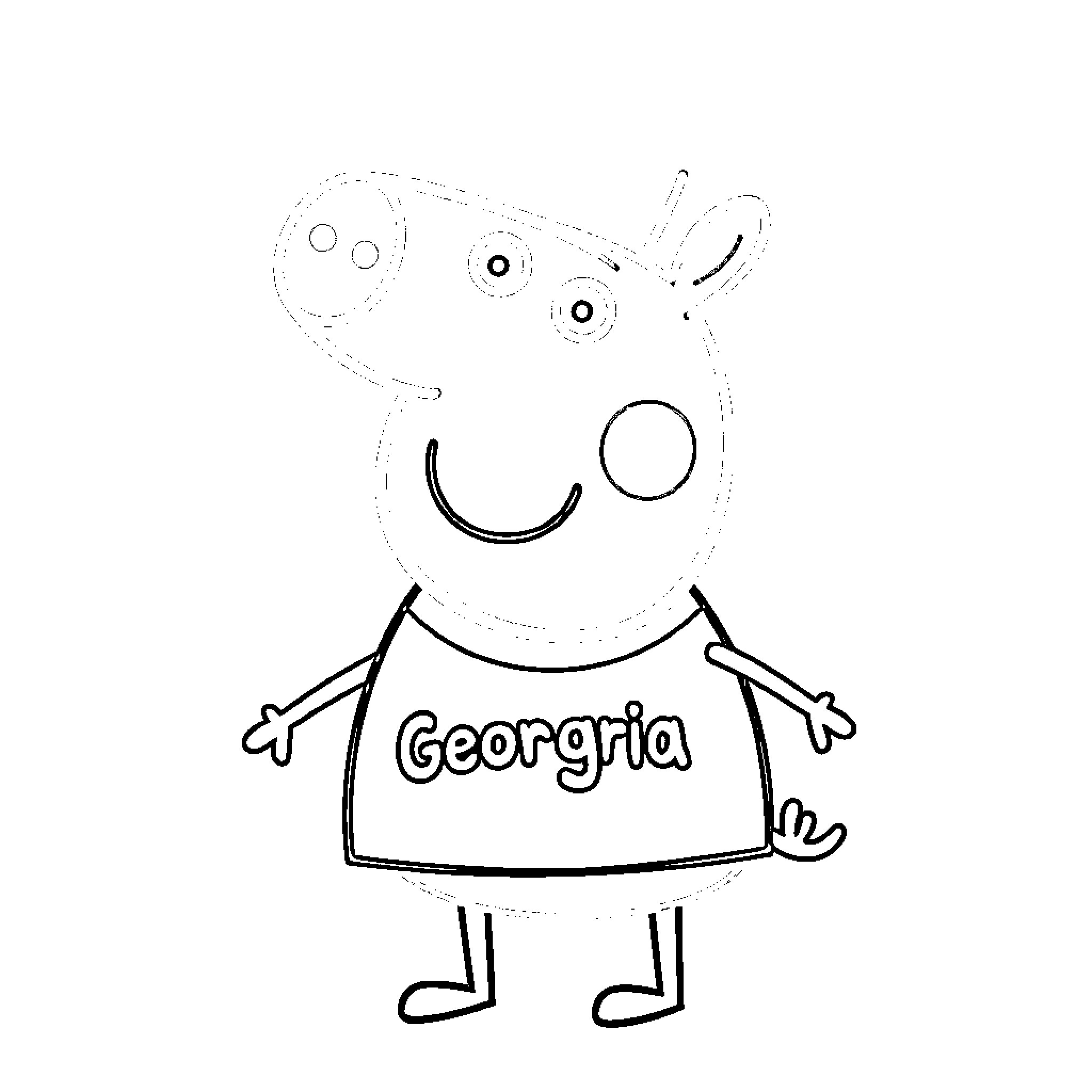 Peppa Pig character Georgia happily smiling Coloring Page (free black-and-white line drawing printable PDF for all, from beginners to advanced learners, including children, teens, adults, and seniors)