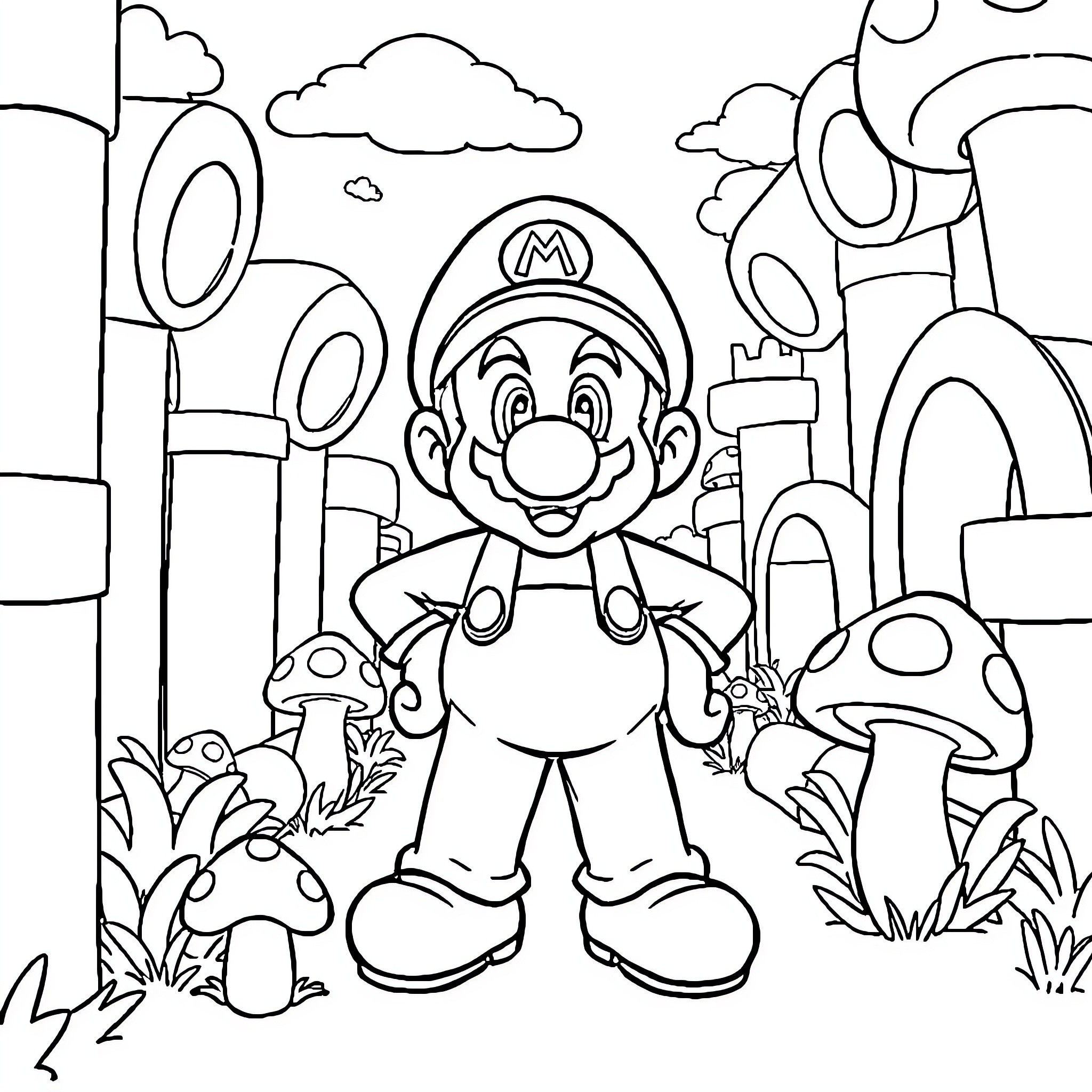 Mario Exploring a Whimsical Mushroom Kingdom Landscape Coloring Page (free black-and-white line drawing printable PDF for all, from beginners to advanced learners, including children, teens, adults, and seniors)