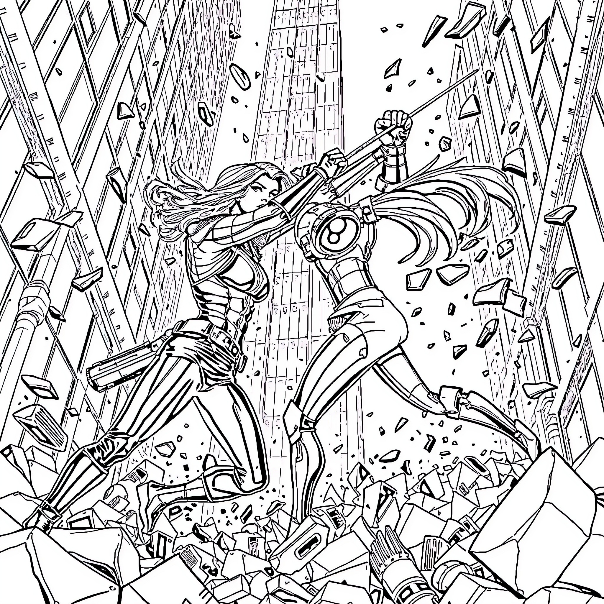 Black Widow in Intense Combat Scene Coloring Page (free black-and-white line drawing printable PDF for all, from beginners to advanced learners, including children, teens, adults, and seniors)