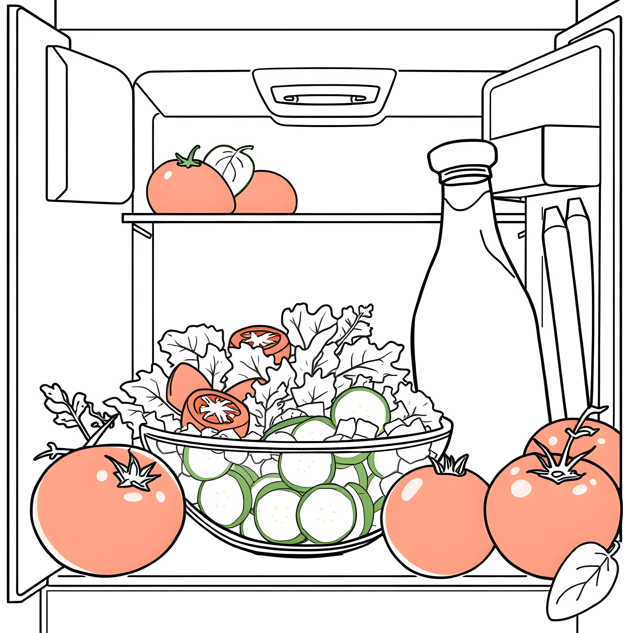Salad ingredients in an open refrigerator Coloring Page (free black-and-white line drawing printable PDF for all, from beginners to advanced learners, including children, teens, adults, and seniors)
