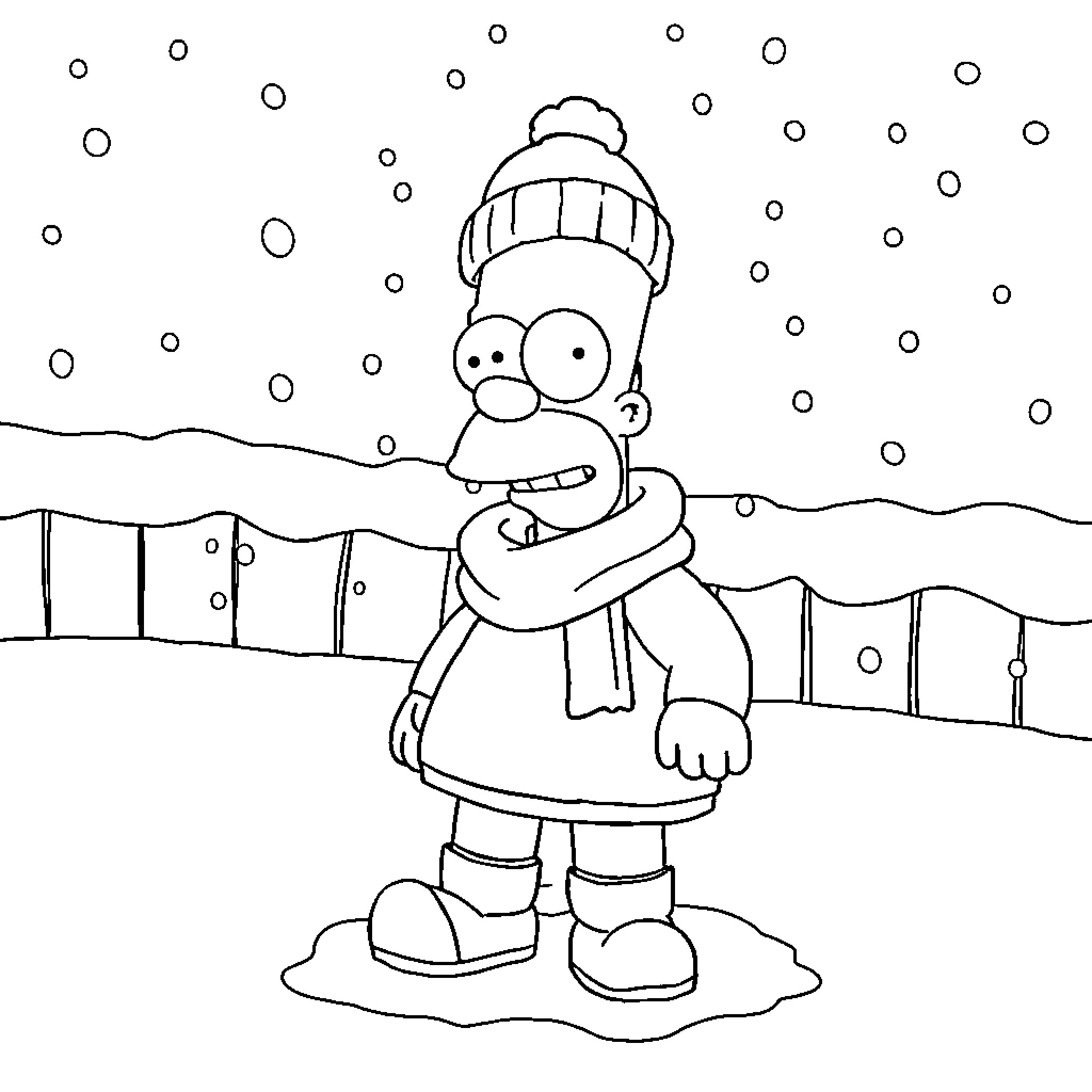 Homer Simpson enjoying the winter wonderland Coloring Page (free black-and-white line drawing printable PDF for all, from beginners to advanced learners, including children, teens, adults, and seniors)