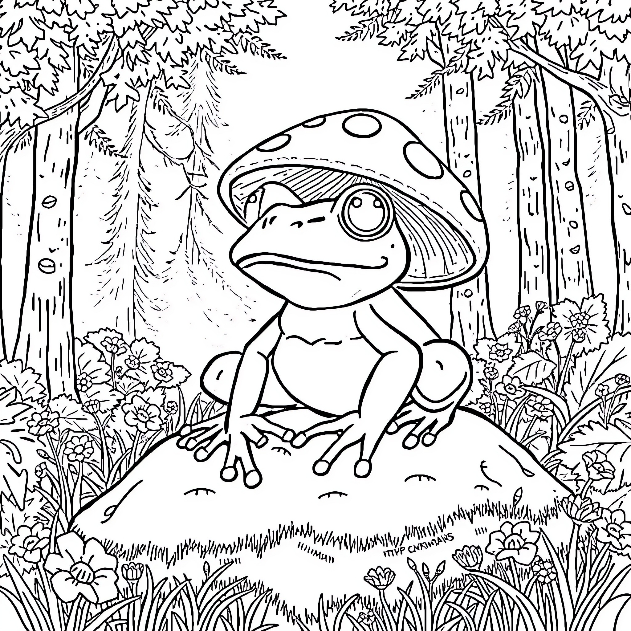 Frog enjoying the forest scenery Coloring Page (free black-and-white line drawing printable PDF for all, from beginners to advanced learners, including children, teens, adults, and seniors)