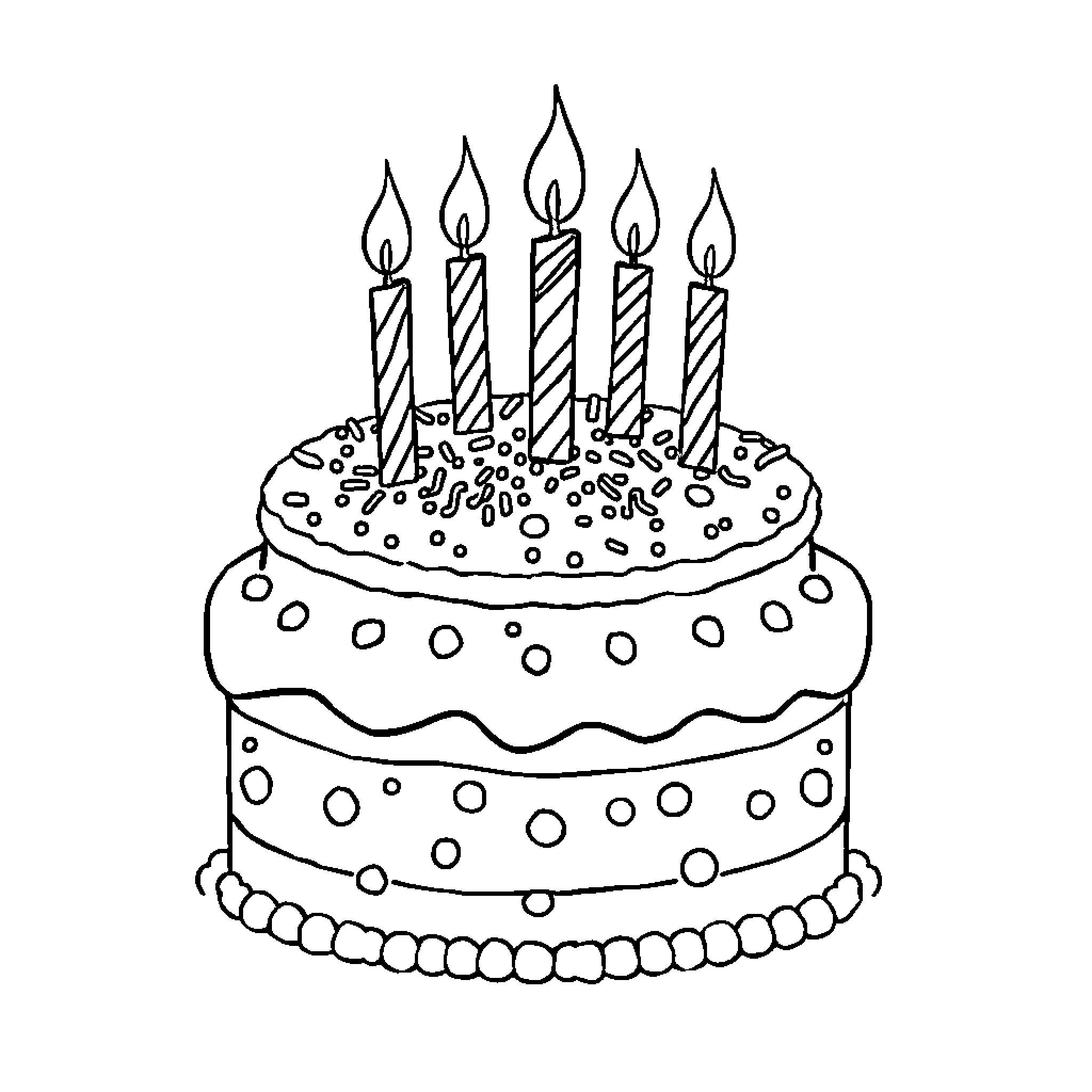 Birthday Cake with Festive Candles Coloring Page (free black-and-white line drawing printable PDF for all, from beginners to advanced learners, including children, teens, adults, and seniors)