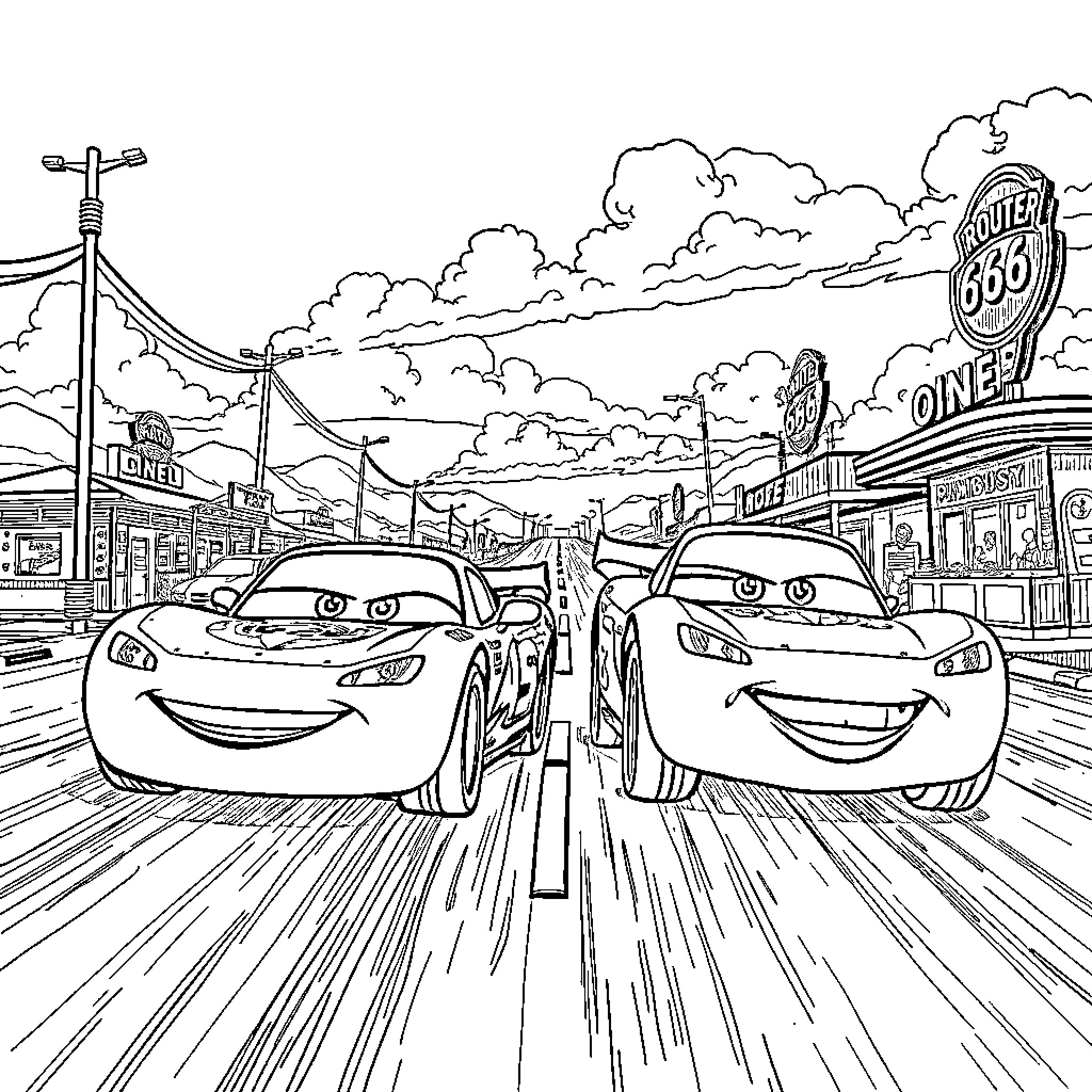 Lightning McQueen racing down the town street Coloring Page (free black-and-white line drawing printable PDF for all, from beginners to advanced learners, including children, teens, adults, and seniors)