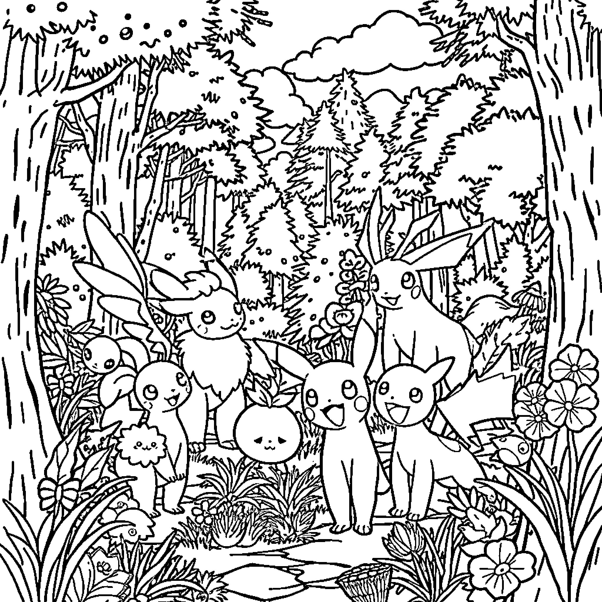 Pokémon Gathering in the Enchanted Forest Coloring Page (free black-and-white line drawing printable PDF for all, from beginners to advanced learners, including children, teens, adults, and seniors)