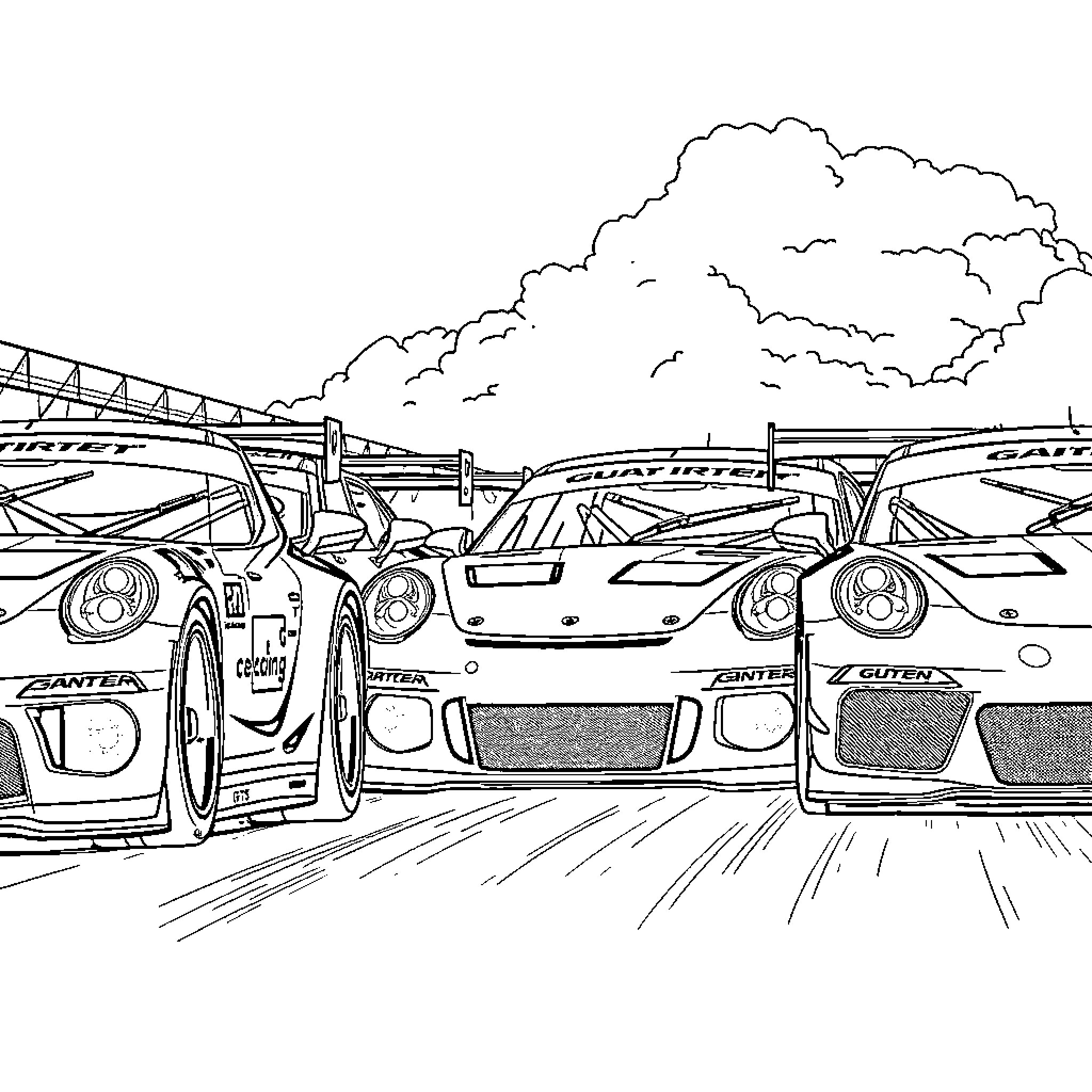 Gt3Rs racing on the track with speed and excitement Coloring Page (free black-and-white line drawing printable PDF for all, from beginners to advanced learners, including children, teens, adults, and seniors)