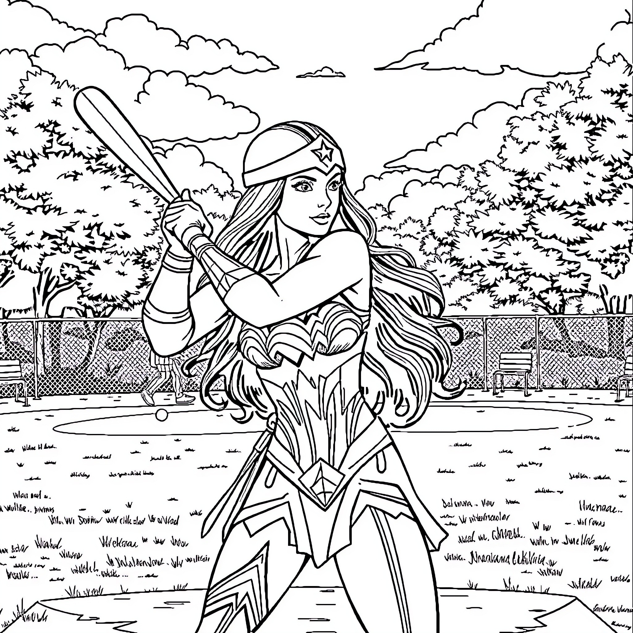 Wonder Woman playing on the baseball field Coloring Page (free black-and-white line drawing printable PDF for all, from beginners to advanced learners, including children, teens, adults, and seniors)