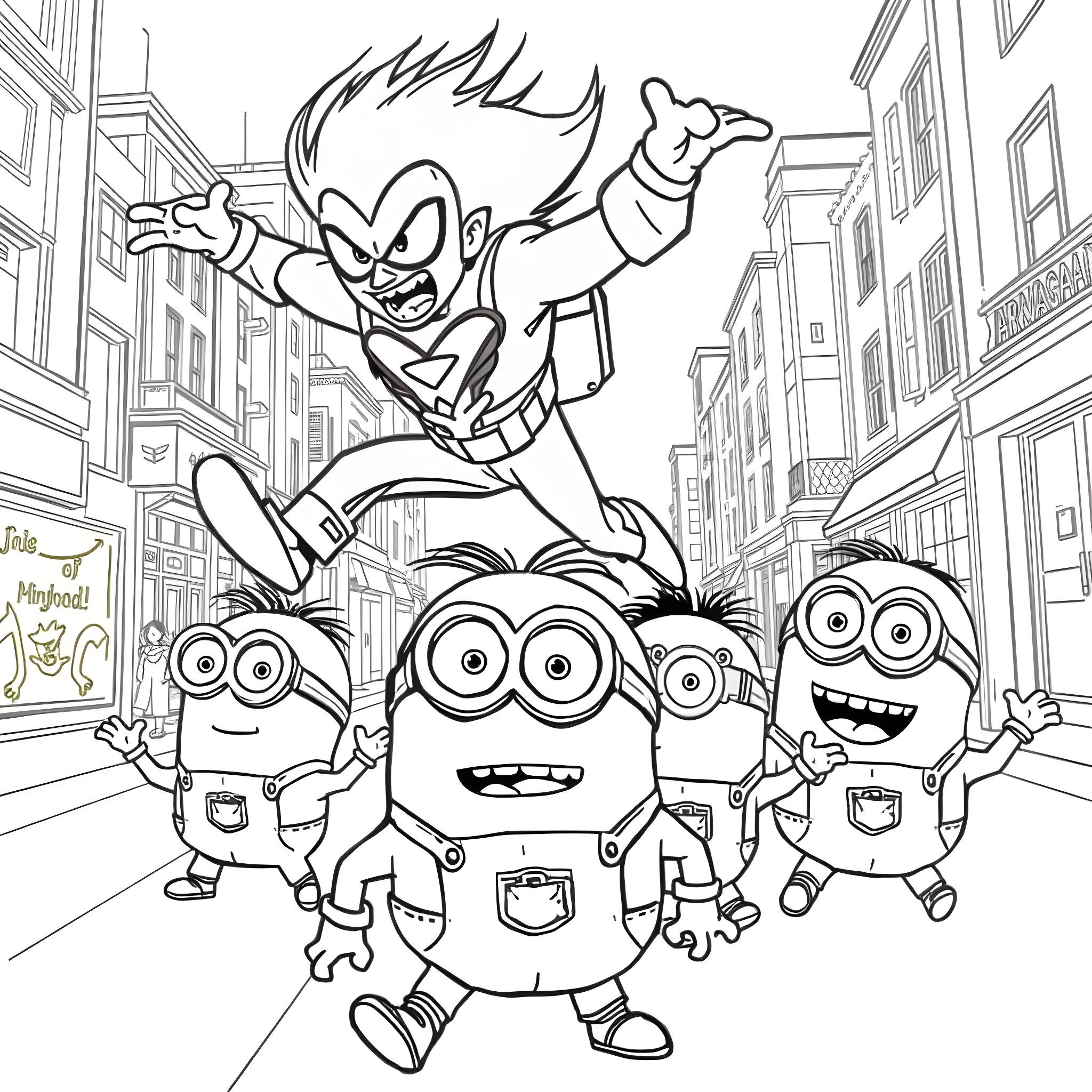 Character Cartoon Figures Interacting in the City Coloring Page (free black-and-white line drawing printable PDF for all, from beginners to advanced learners, including children, teens, adults, and seniors)