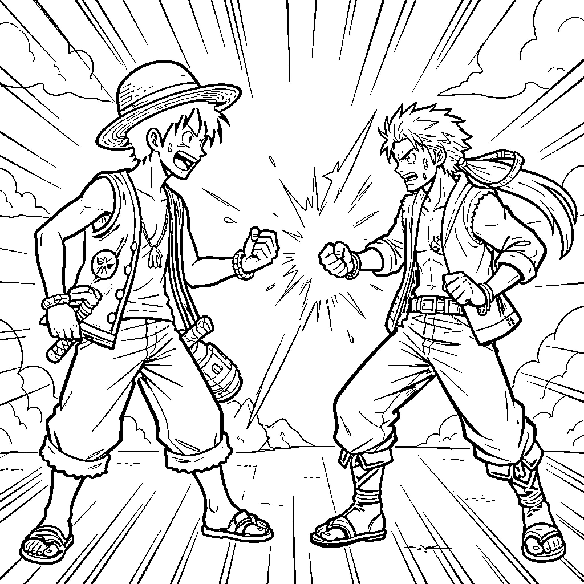 Luffy engaging in a fierce battle with an opponent Coloring Page (free black-and-white line drawing printable PDF for all, from beginners to advanced learners, including children, teens, adults, and seniors)