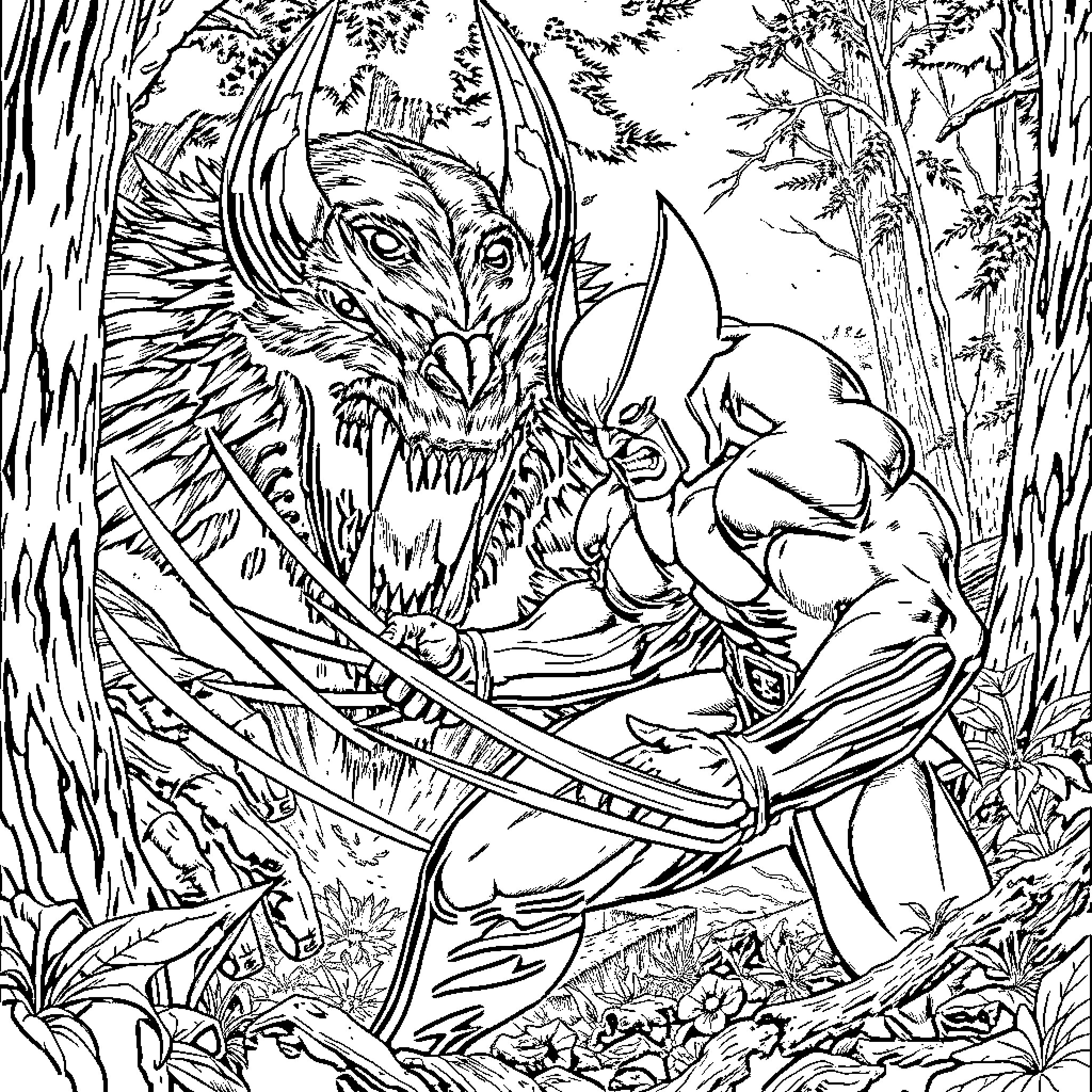 Wolverine Battling a Fierce Creature in the Forest Coloring Page (free black-and-white line drawing printable PDF for all, from beginners to advanced learners, including children, teens, adults, and seniors)