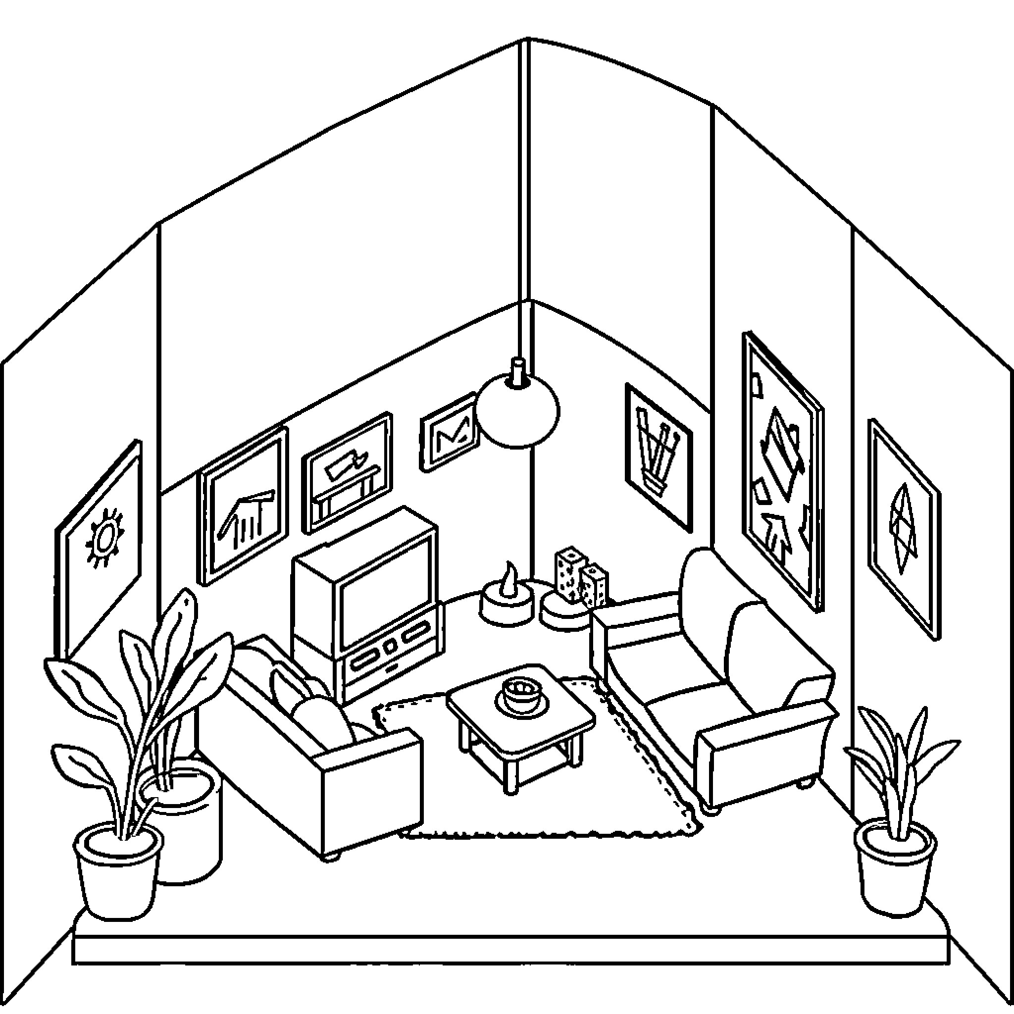 Isometric Room with Cozy Living Space Coloring Page (free black-and-white line drawing printable PDF for all, from beginners to advanced learners, including children, teens, adults, and seniors)