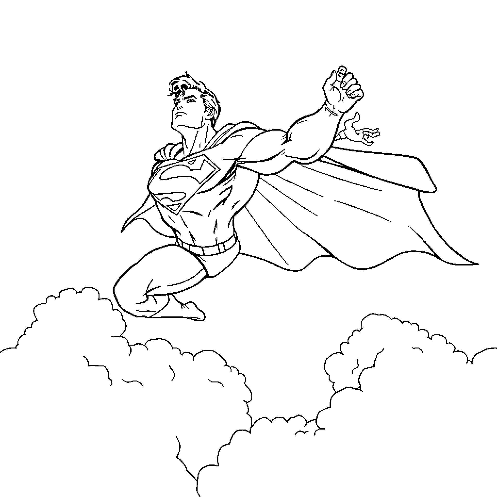 Superman flying heroically through the sky Coloring Page (free black-and-white line drawing printable PDF for all, from beginners to advanced learners, including children, teens, adults, and seniors)