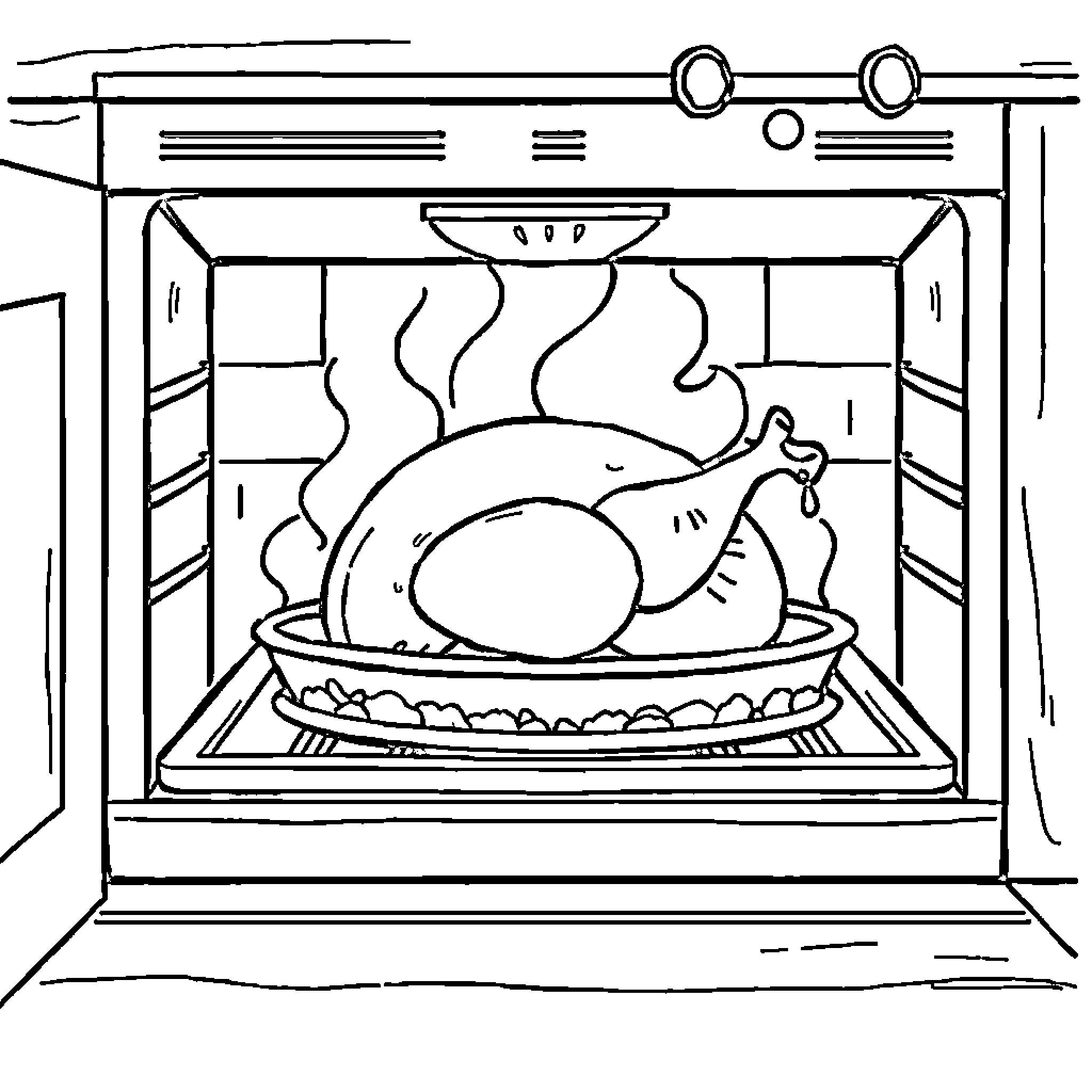 Turkey roasting in the oven Coloring Page (free black-and-white line drawing printable PDF for all, from beginners to advanced learners, including children, teens, adults, and seniors)