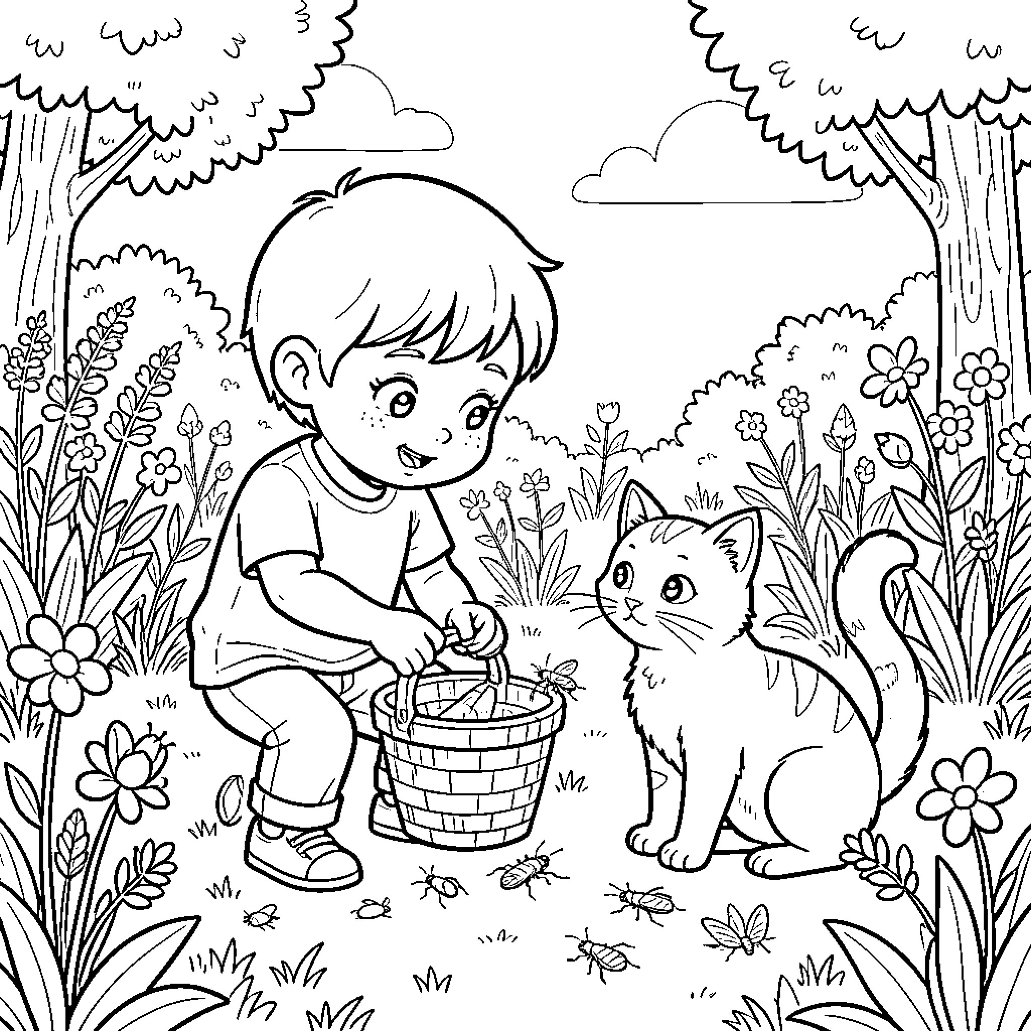 Child smiling while holding a basket near a cat Coloring Page (free black-and-white line drawing printable PDF for all, from beginners to advanced learners, including children, teens, adults, and seniors)