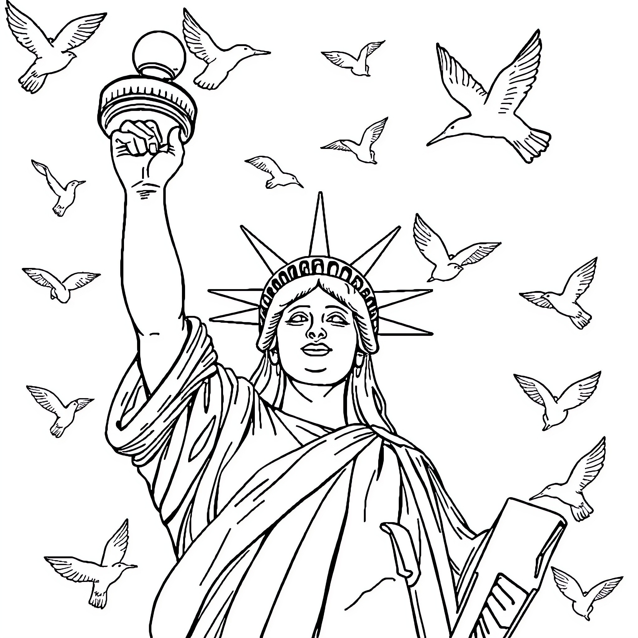 Statue Of Liberty surrounded by flying birds Coloring Page (free black-and-white line drawing printable PDF for all, from beginners to advanced learners, including children, teens, adults, and seniors)