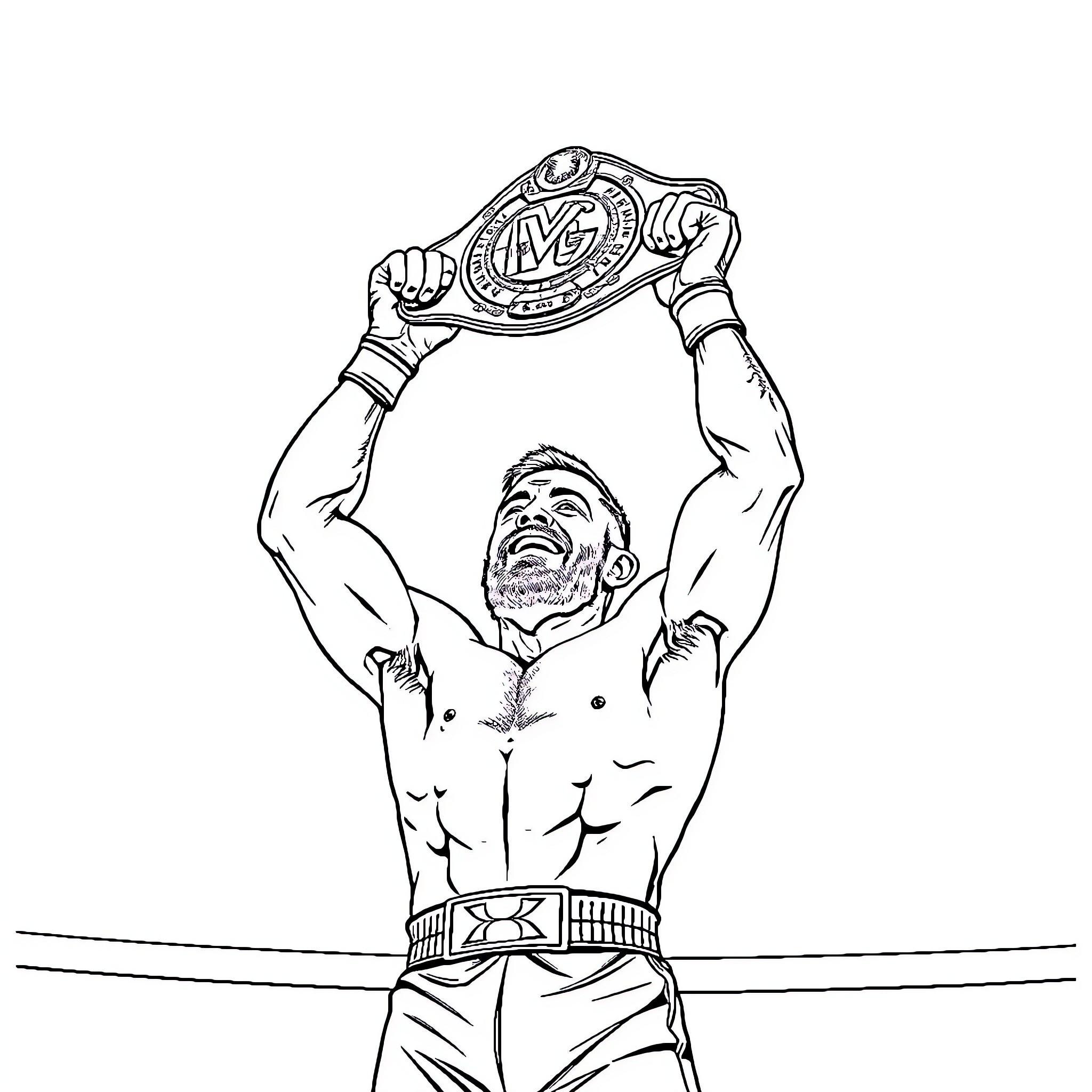 Conor McGregor Celebrating Victory with Championship Belt Coloring Page (free black-and-white line drawing printable PDF for all, from beginners to advanced learners, including children, teens, adults, and seniors)