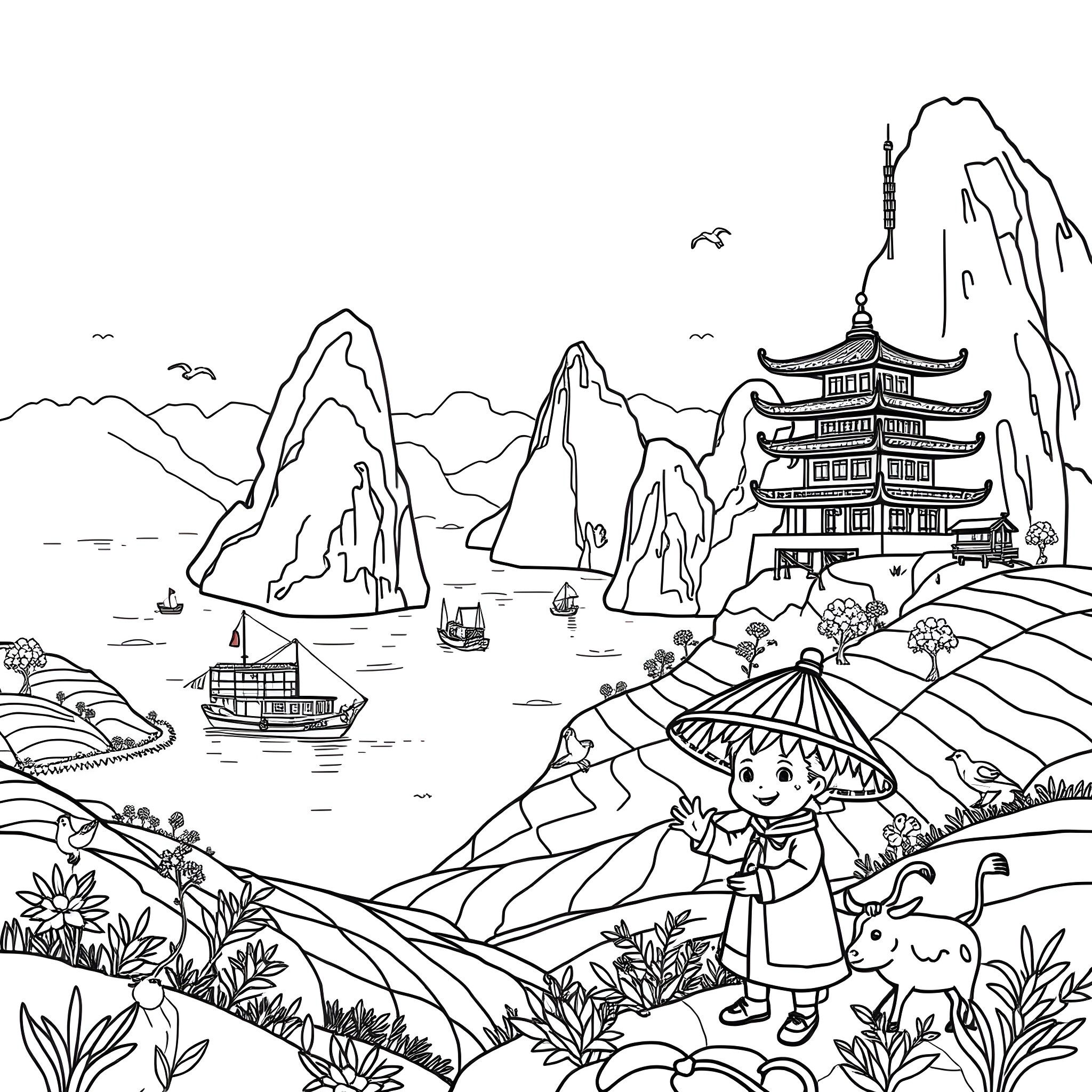 Vietnam Landmark: Pagoda, Boats, and Mountainous Landscape Coloring Page (free black-and-white line drawing printable PDF for all, from beginners to advanced learners, including children, teens, adults, and seniors)