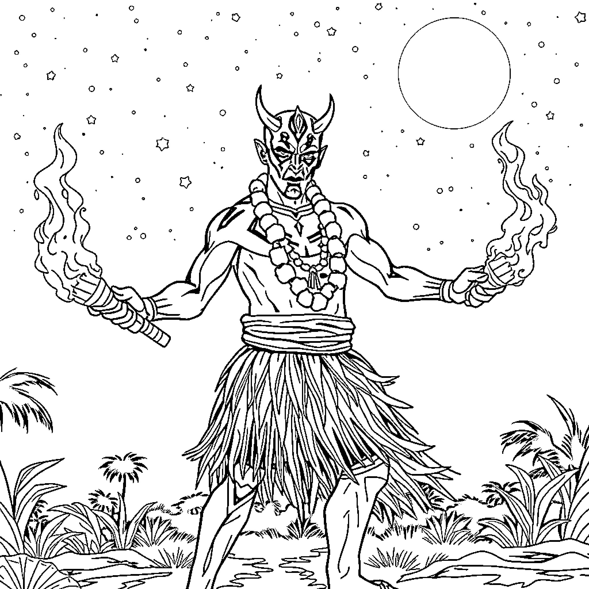 Darth Maul in Tribal Costume and Fiery Pose Coloring Page (free black-and-white line drawing printable PDF for all, from beginners to advanced learners, including children, teens, adults, and seniors)