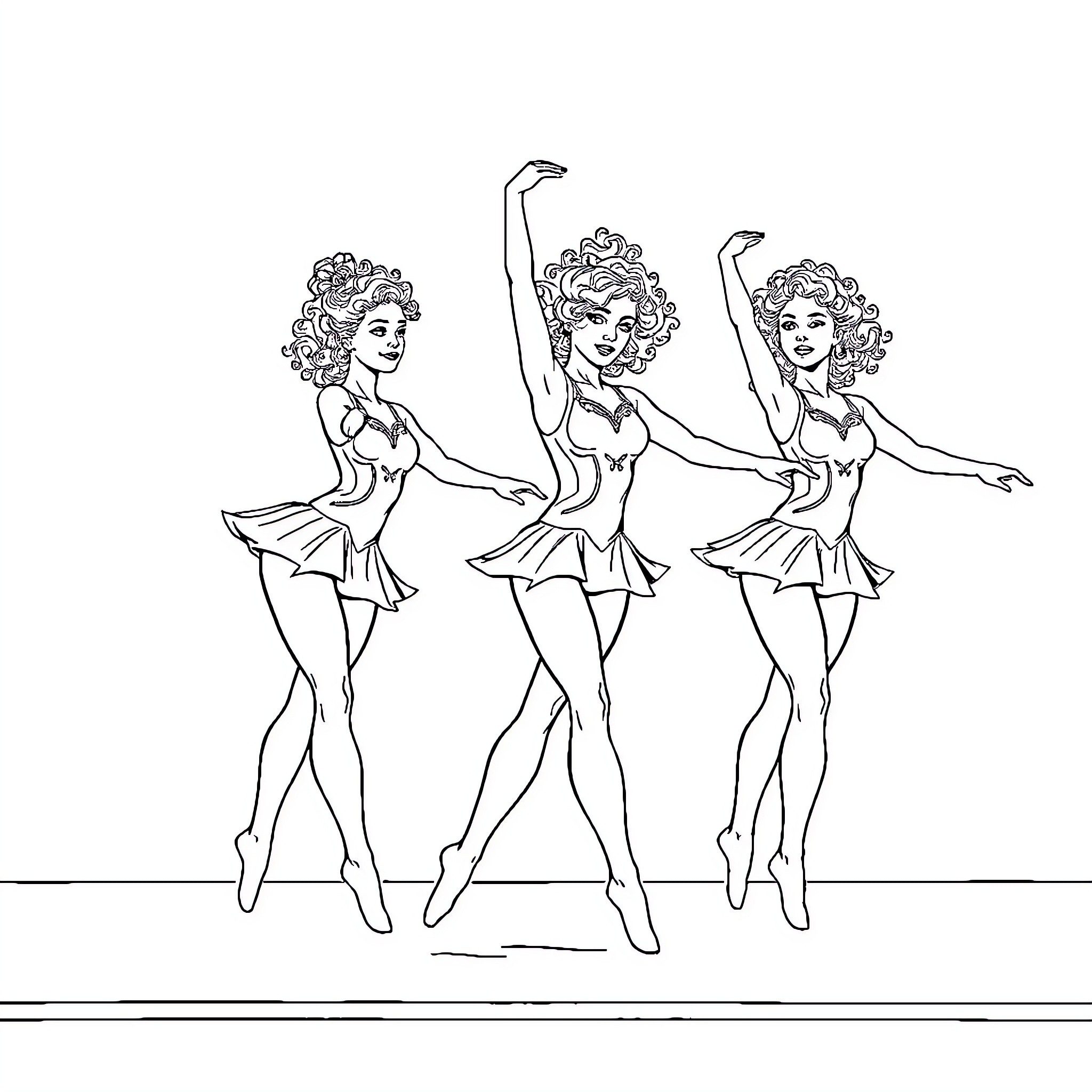 Gymnasts Performing Synchronized Dance Routine Coloring Page (free black-and-white line drawing printable PDF for all, from beginners to advanced learners, including children, teens, adults, and seniors)