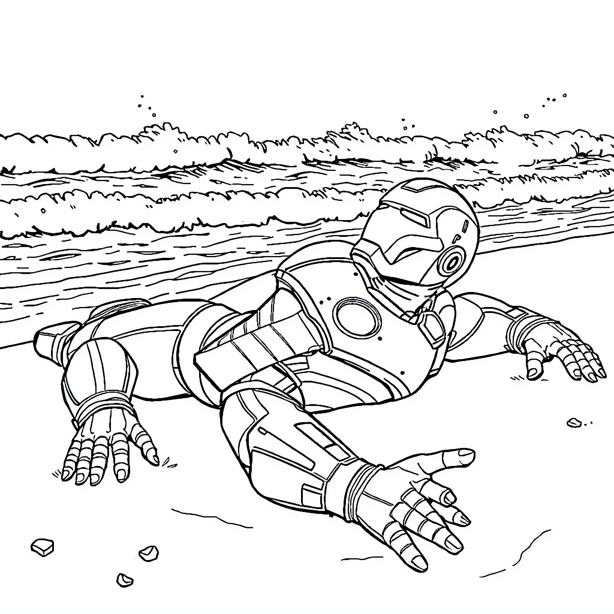Iron Man resting on the beach Coloring Page (free black-and-white line drawing printable PDF for all, from beginners to advanced learners, including children, teens, adults, and seniors)