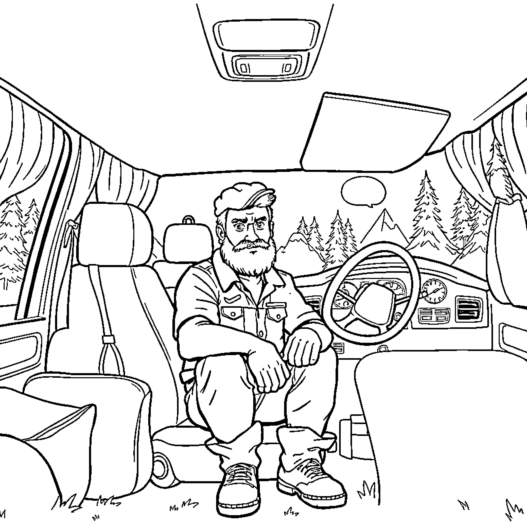 German Shepherd owner driving on a road trip Coloring Page (free black-and-white line drawing printable PDF for all, from beginners to advanced learners, including children, teens, adults, and seniors)