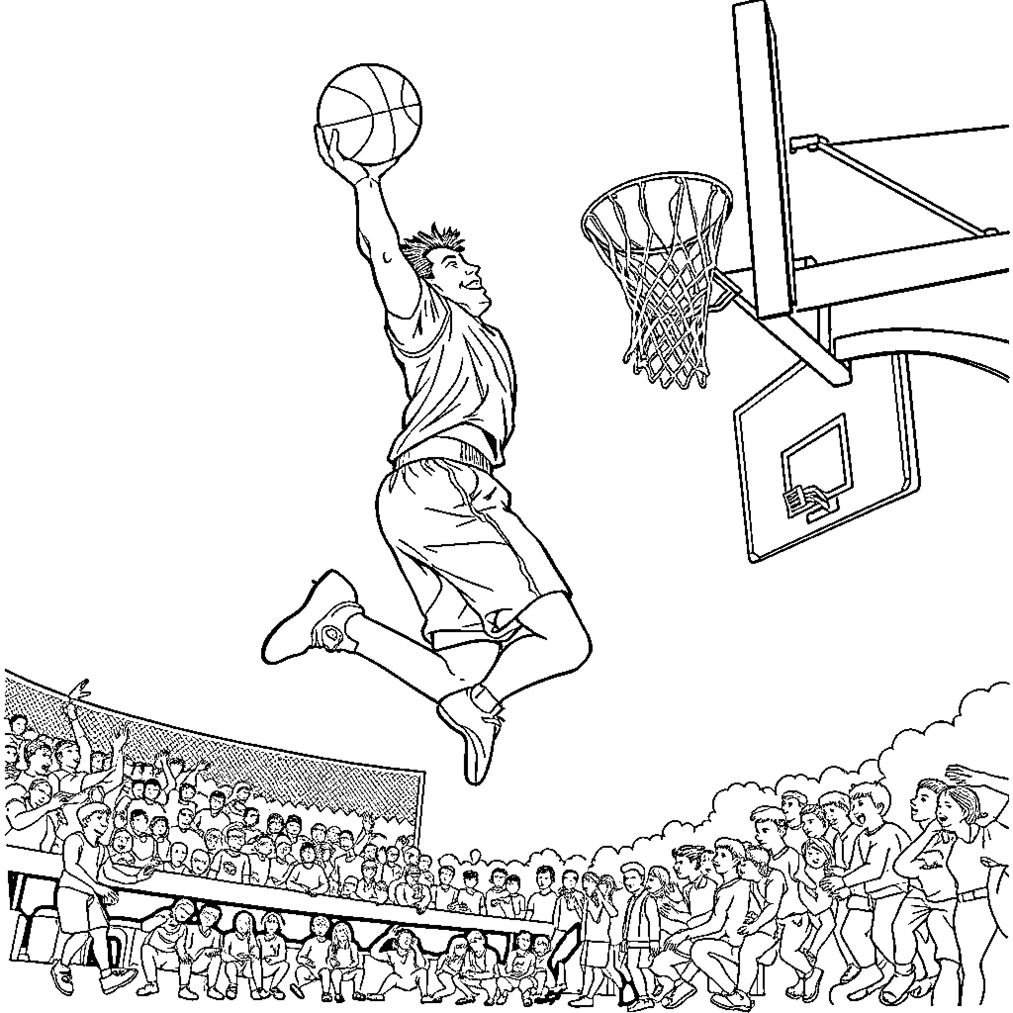 Guy dunking basketball during intense game on outdoor court Coloring Page (free black-and-white line drawing printable PDF for all, from beginners to advanced learners, including children, teens, adults, and seniors)