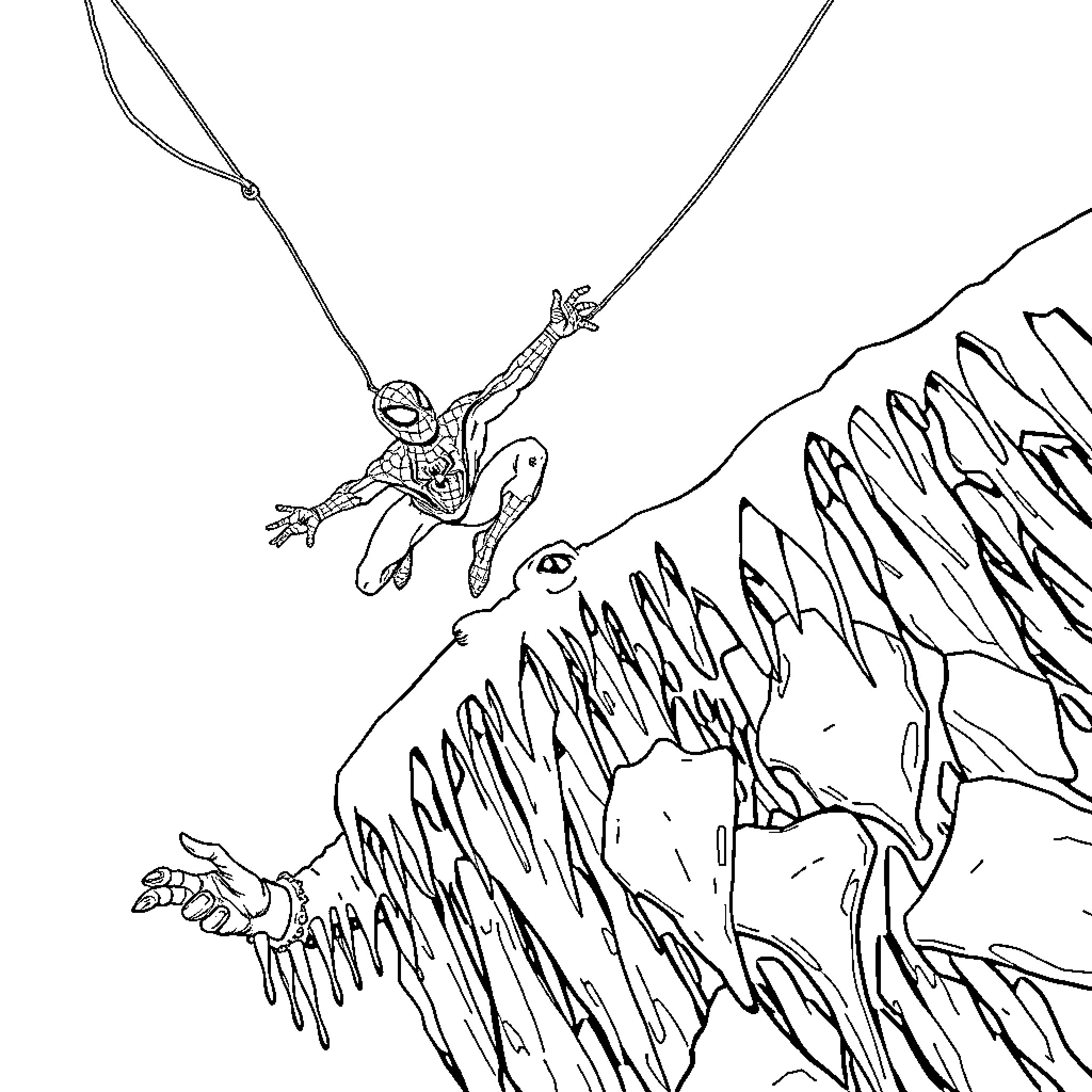 Spidey swinging through a rocky terrain Coloring Page (free black-and-white line drawing printable PDF for all, from beginners to advanced learners, including children, teens, adults, and seniors)