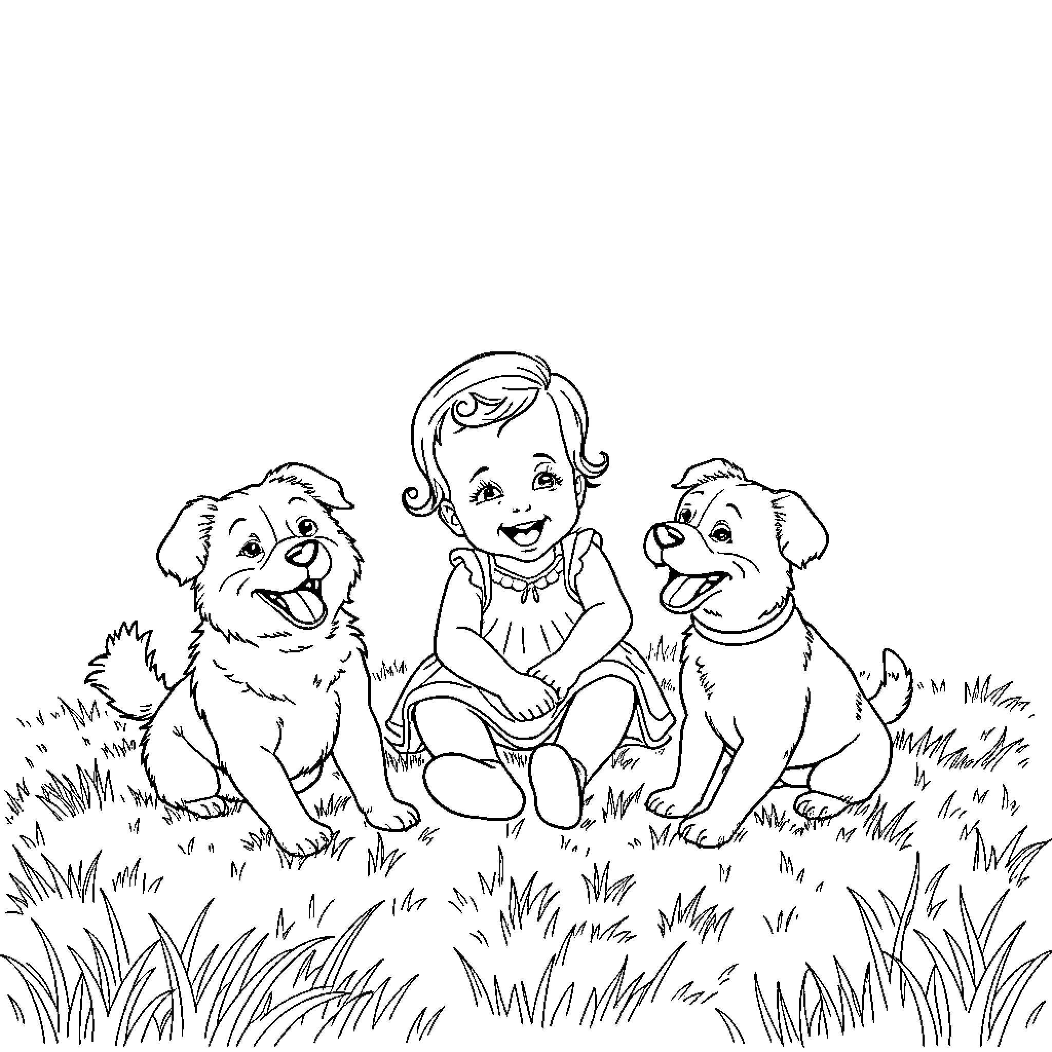 Baby Girl playing with Playful Puppies Coloring Page (free black-and-white line drawing printable PDF for all, from beginners to advanced learners, including children, teens, adults, and seniors)