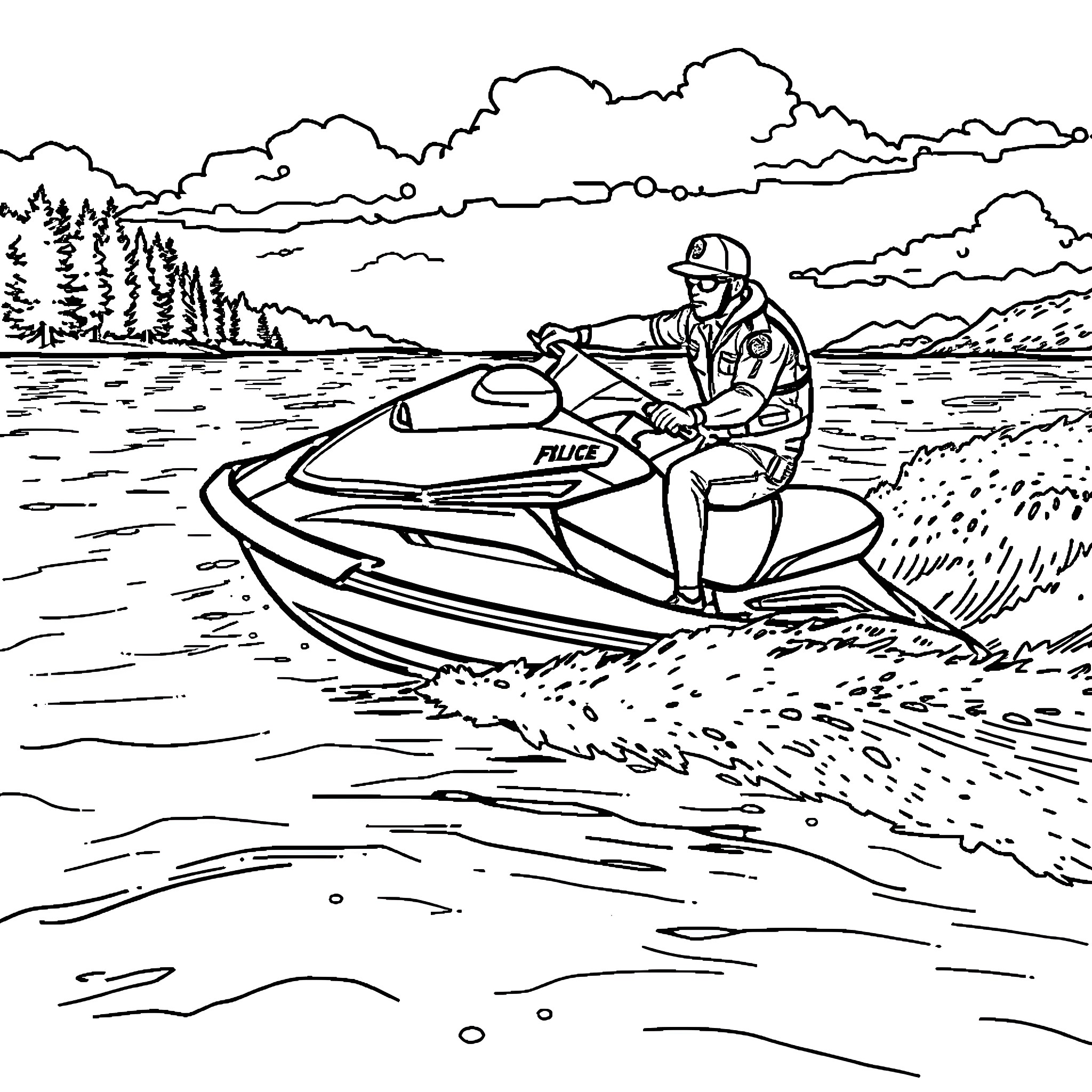 Cop operating a jet ski on a lake Coloring Page (free black-and-white line drawing printable PDF for all, from beginners to advanced learners, including children, teens, adults, and seniors)