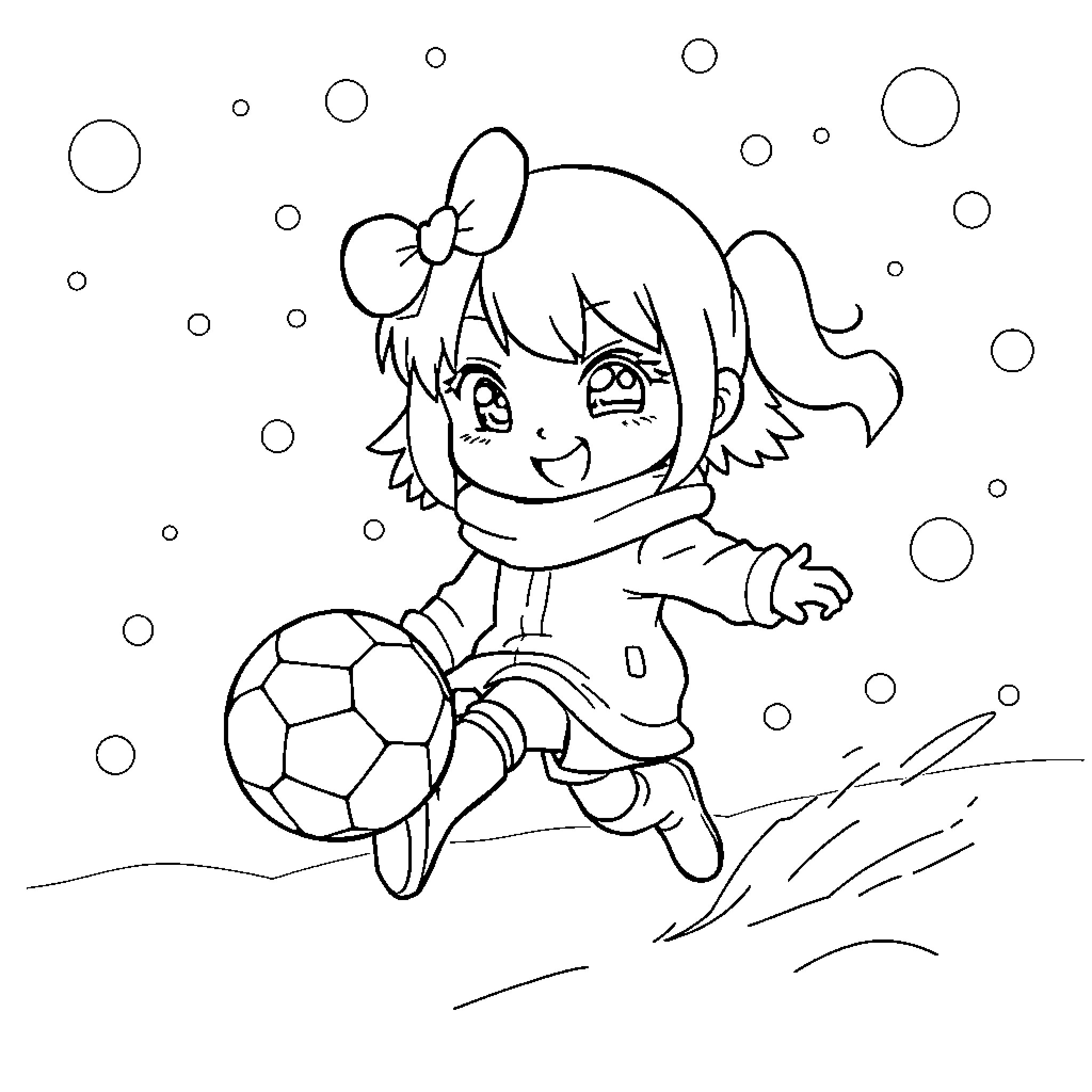 Kuromi playing joyfully with soccer ball in the snow Coloring Page (free black-and-white line drawing printable PDF for all, from beginners to advanced learners, including children, teens, adults, and seniors)