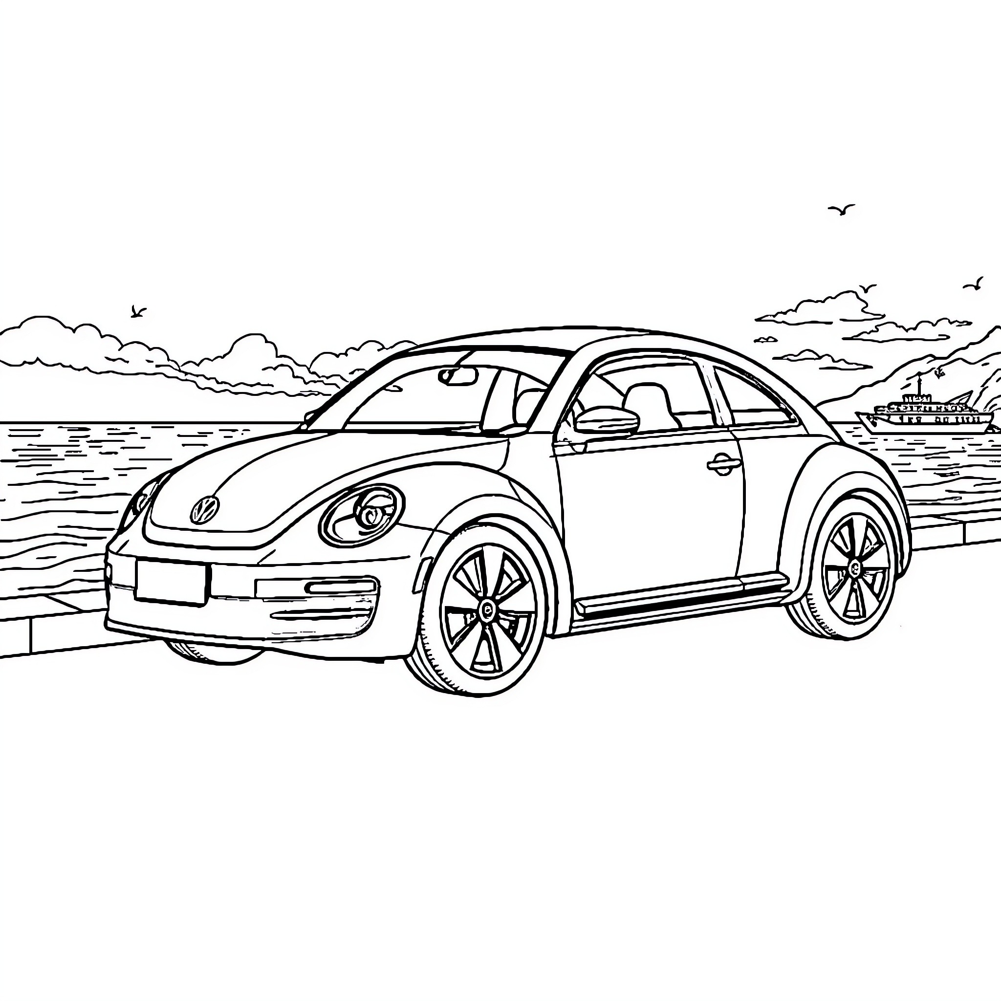 Beetle on the coastal road with scenic view Coloring Page (free black-and-white line drawing printable PDF for all, from beginners to advanced learners, including children, teens, adults, and seniors)
