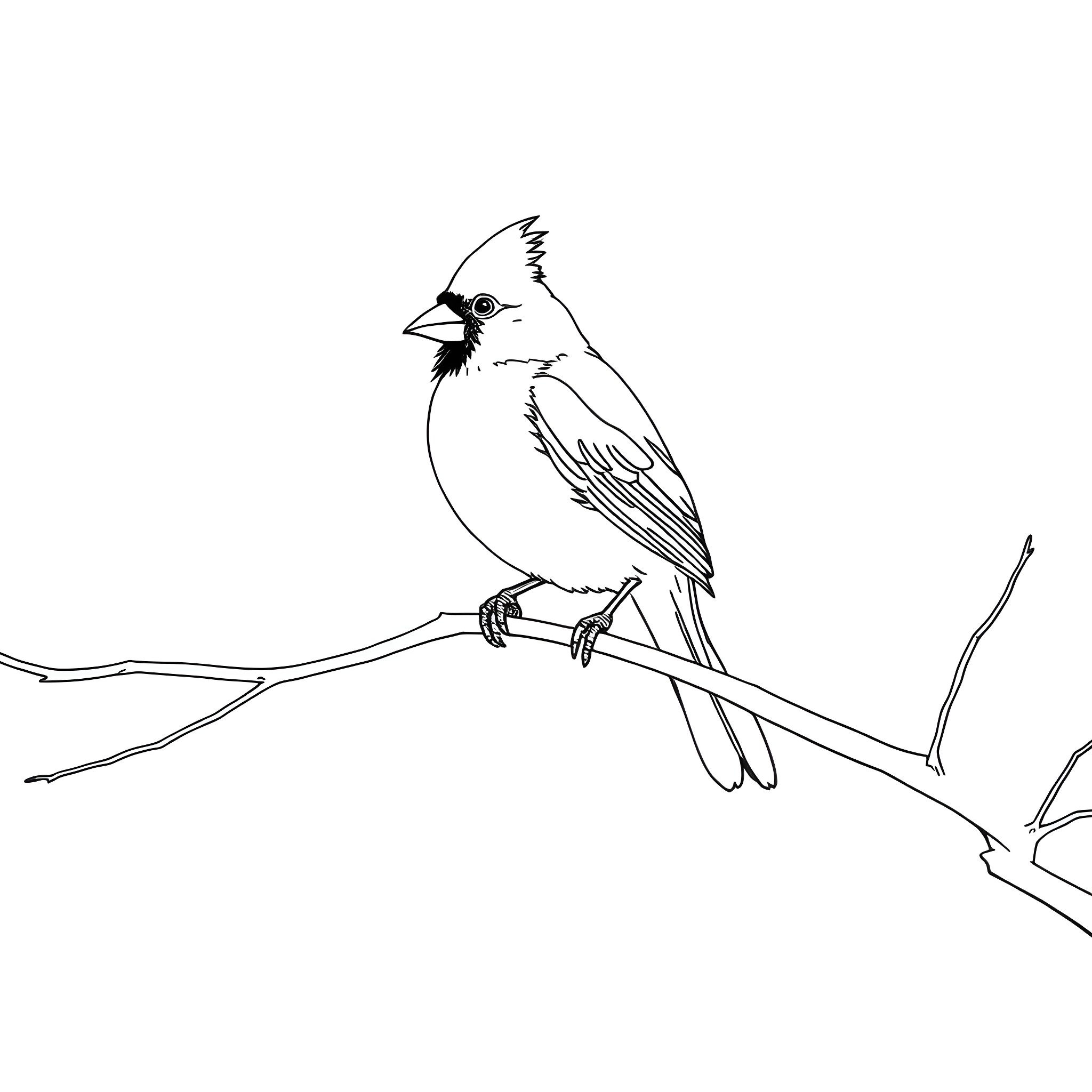 Cardinal perched on branch Coloring Page (free black-and-white line drawing printable PDF for all, from beginners to advanced learners, including children, teens, adults, and seniors)