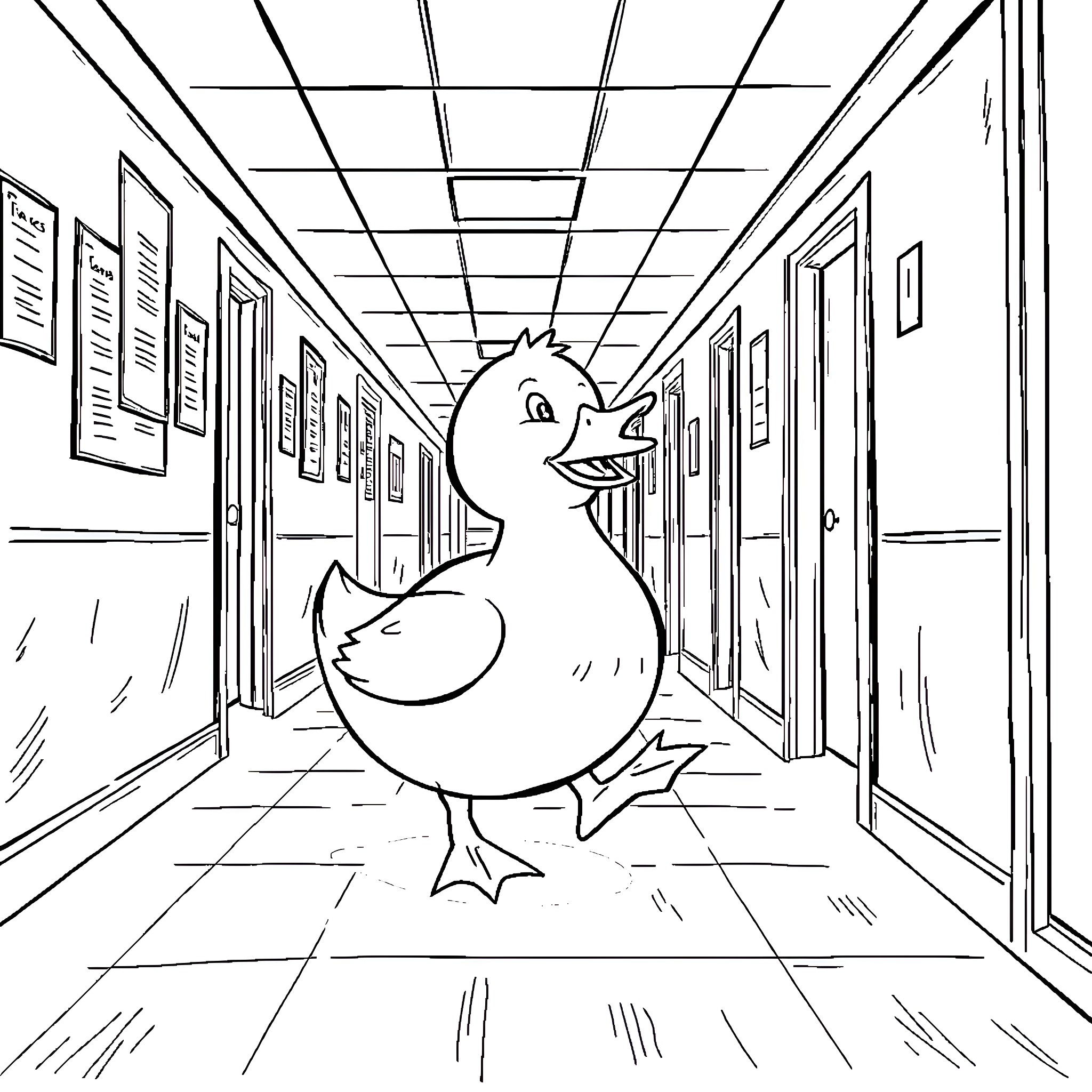 Duck roaming playfully in school hallway Coloring Page (free black-and-white line drawing printable PDF for all, from beginners to advanced learners, including children, teens, adults, and seniors)