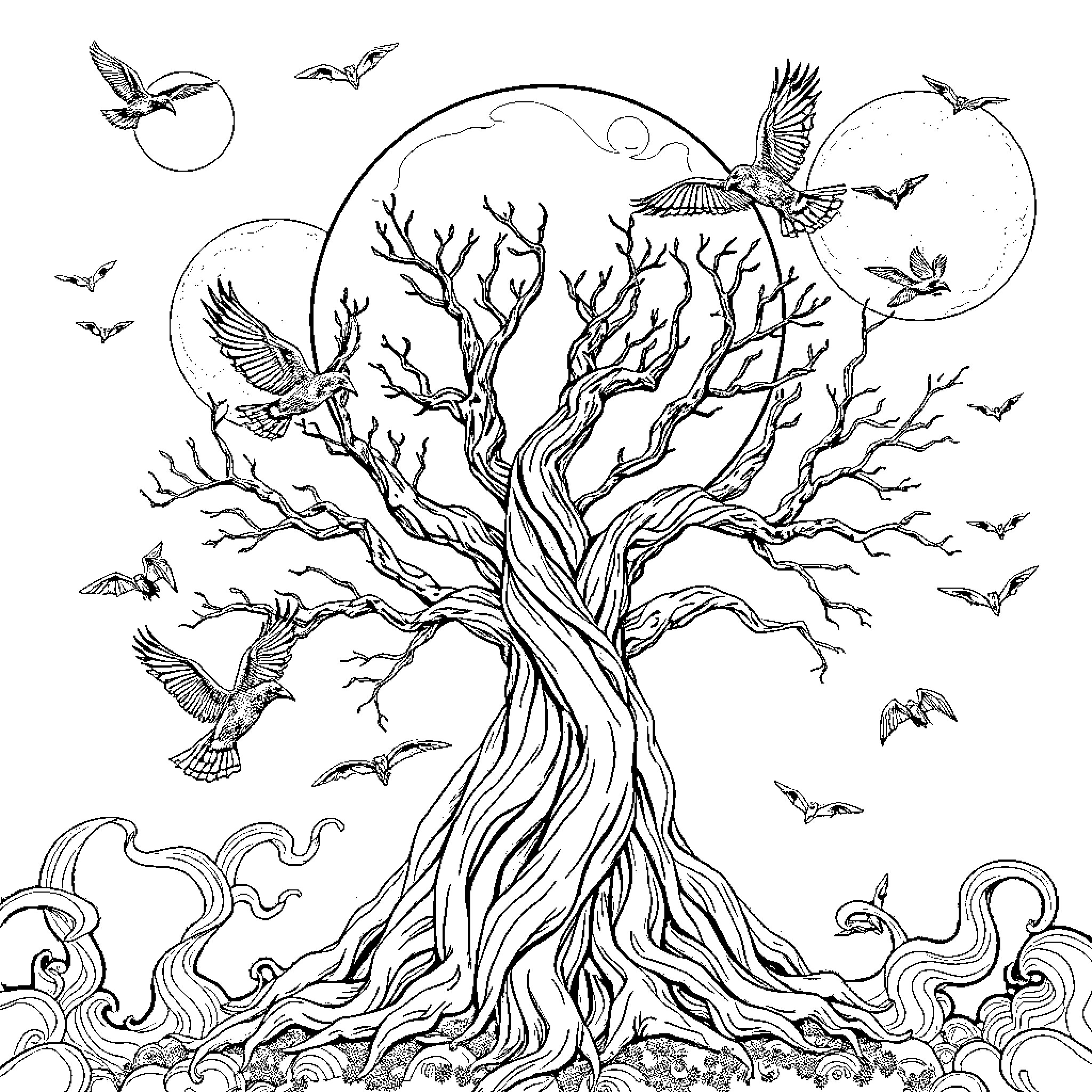 Moon Tree with Flying Creatures Coloring Page (free black-and-white line drawing printable PDF for all, from beginners to advanced learners, including children, teens, adults, and seniors)
