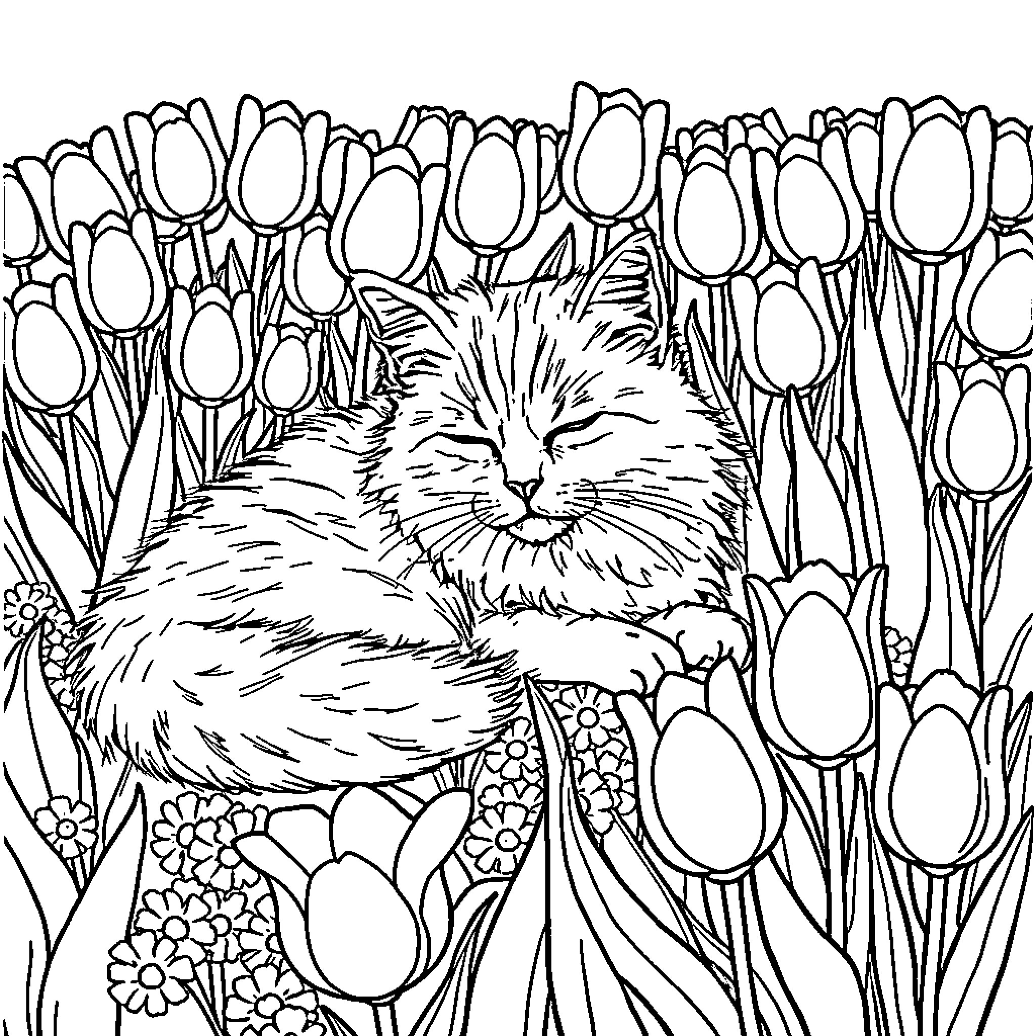 Cat resting peacefully among tulips Coloring Page (free black-and-white line drawing printable PDF for all, from beginners to advanced learners, including children, teens, adults, and seniors)
