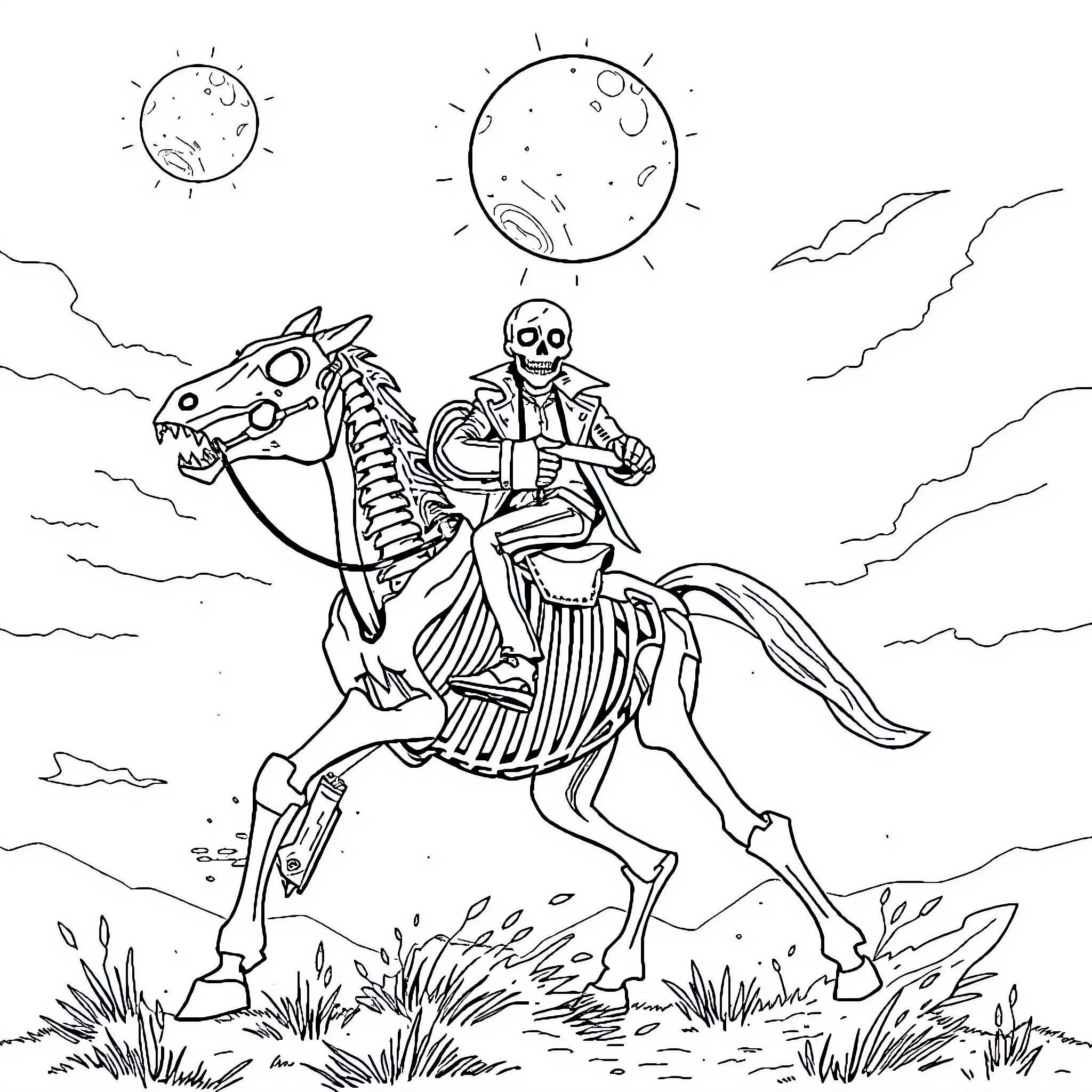 Chainsaw Man riding a skeletal horse under the night sky Coloring Page (free black-and-white line drawing printable PDF for all, from beginners to advanced learners, including children, teens, adults, and seniors)