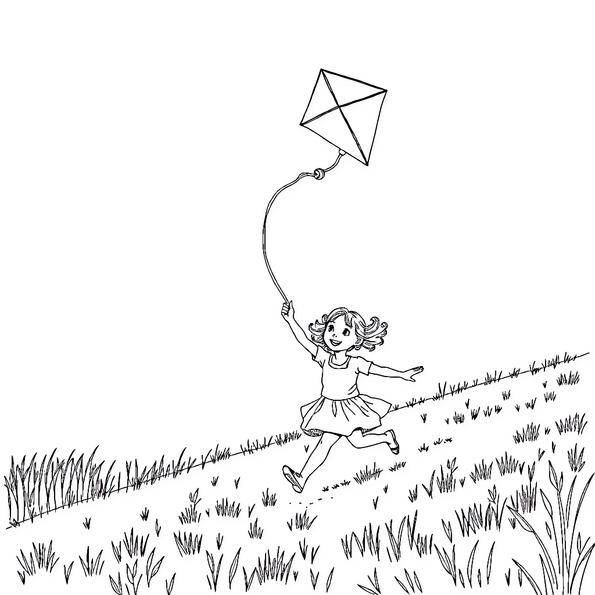 Girl flying a kite in a grassy field Coloring Page (free black-and-white line drawing printable PDF for all, from beginners to advanced learners, including children, teens, adults, and seniors)