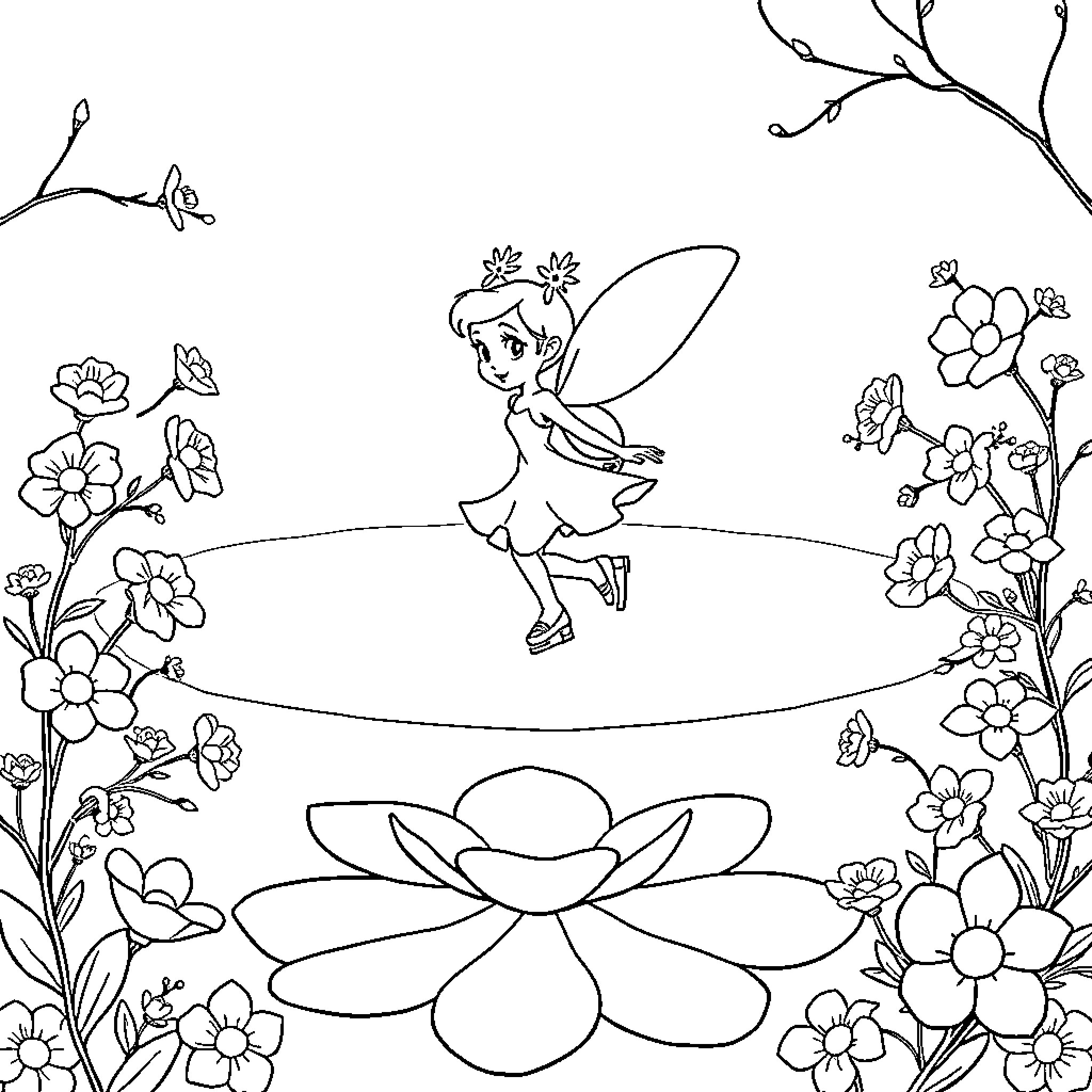 Thumbelina dancing among the flowers Coloring Page (free black-and-white line drawing printable PDF for all, from beginners to advanced learners, including children, teens, adults, and seniors)